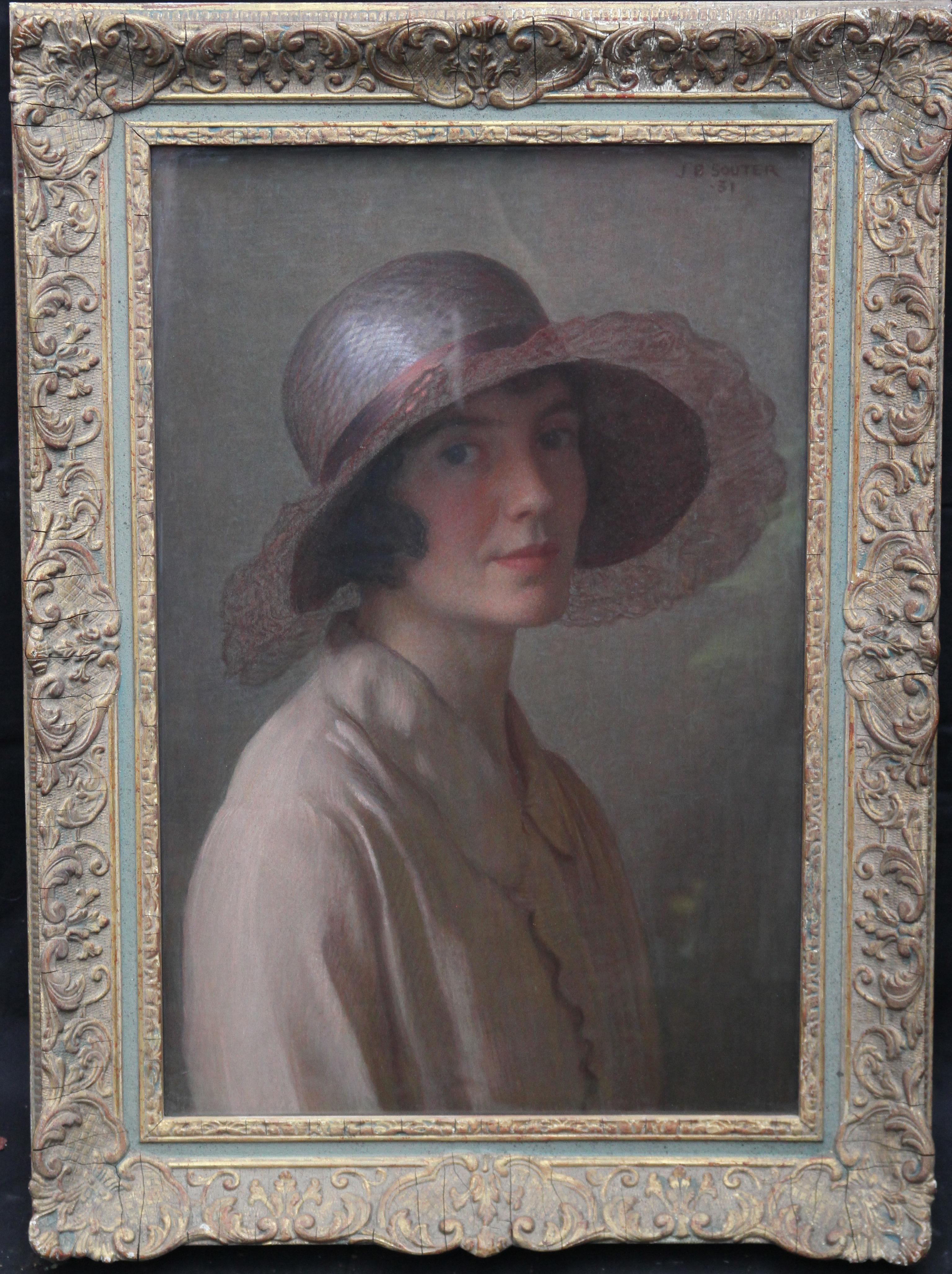 John Bulloch Souter Portrait Painting - The Pink Bonnet - Scottish art oil pastel portrait painting of artist's wife