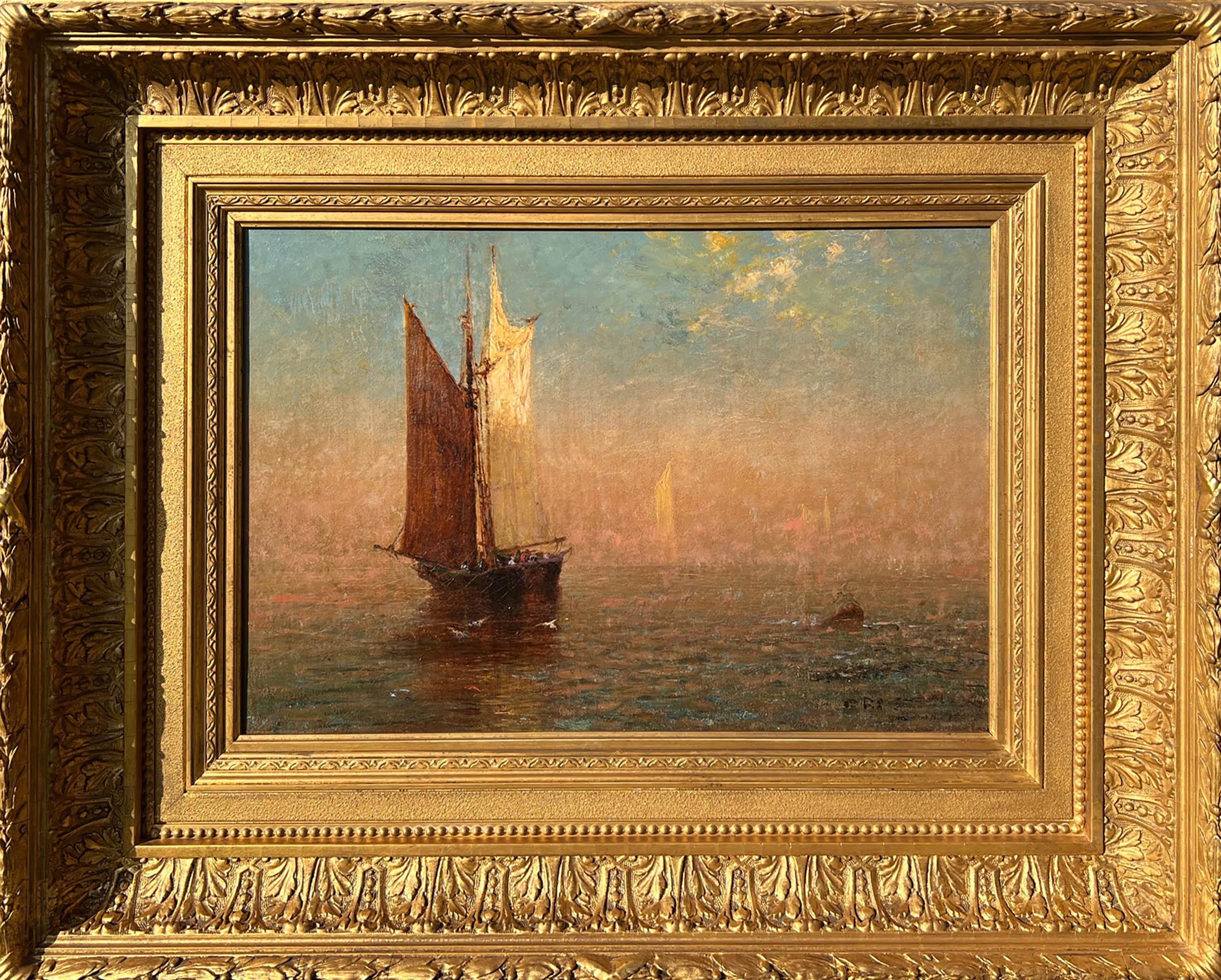 John Bunyan Bristol Landscape Painting - Full Sail at Twilight by Hudson River School Artist J.B. Bristol (1826–1909)