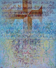 Sign, Signal, Script - technique mixte abstraite contemporaine en violet profond sur toile