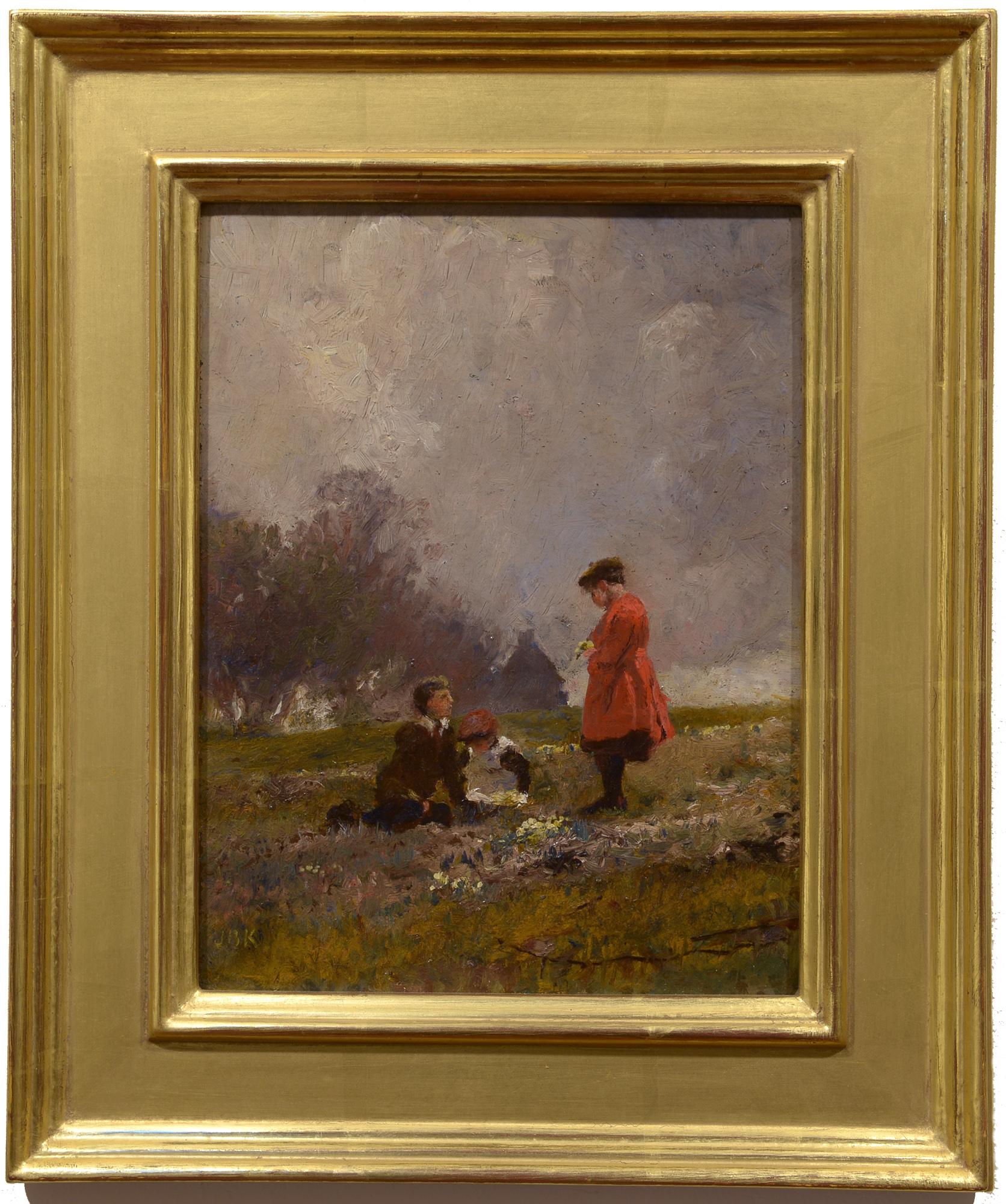 Picking Flowers, 19e siècle British, impressionniste, paysage, Angleterre, enfants - Painting de John Buxton Knight