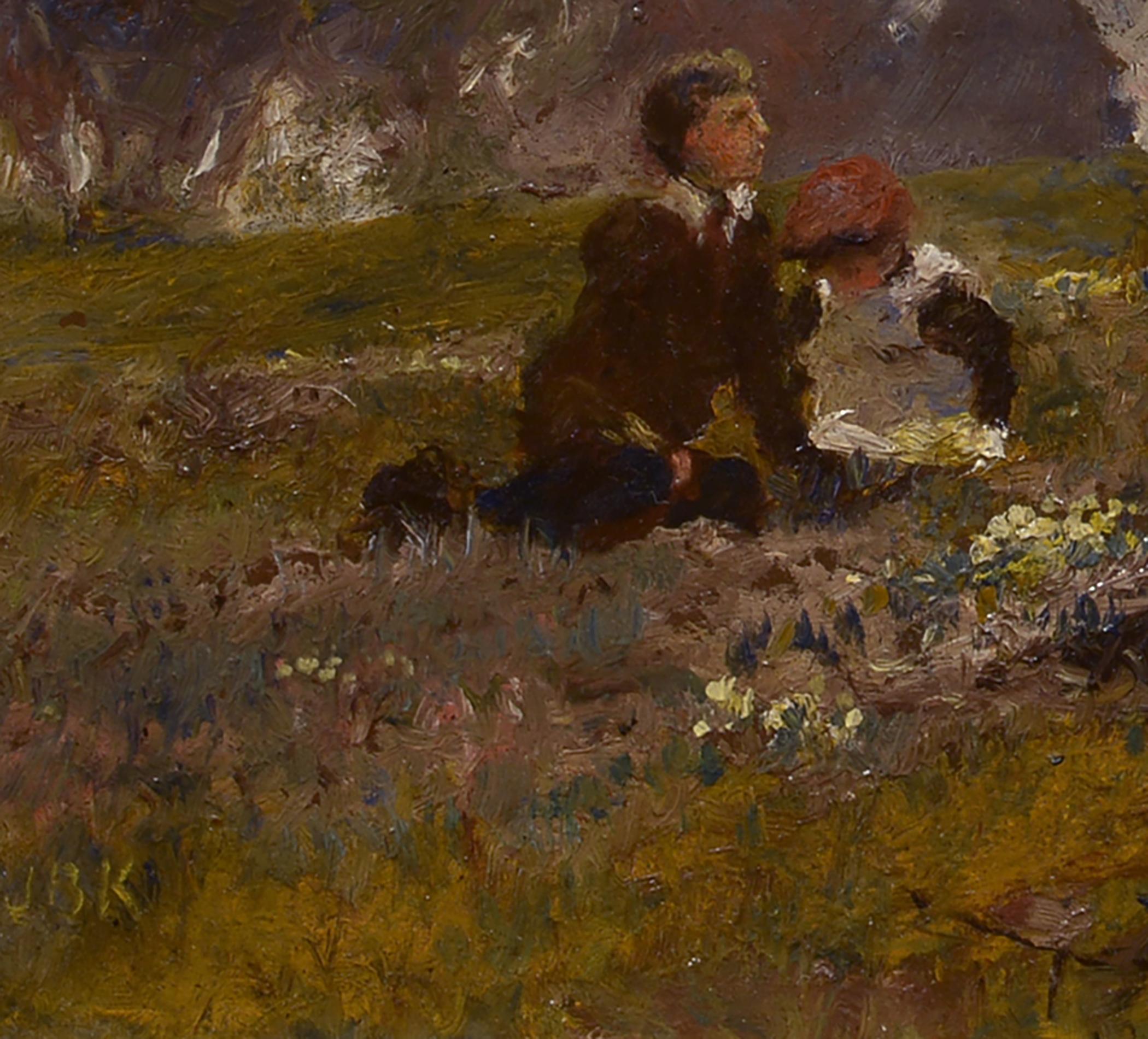 Picking Flowers, 19e siècle British, impressionniste, paysage, Angleterre, enfants - Marron Figurative Painting par John Buxton Knight