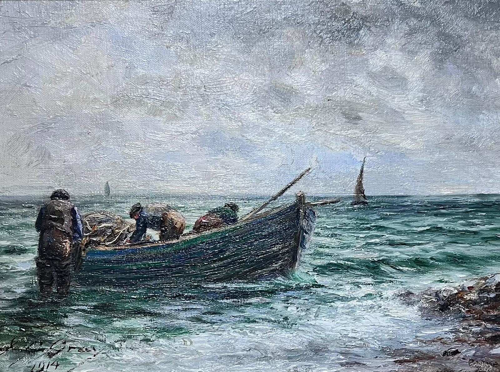 Antique Scottish Signed Oil Fishermen Bringing in their Catch Boats at Sea - Painting by John C Gray