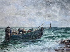 Antique Scottish Signed Oil Fishermen Bringing in their Catch Boats at Sea