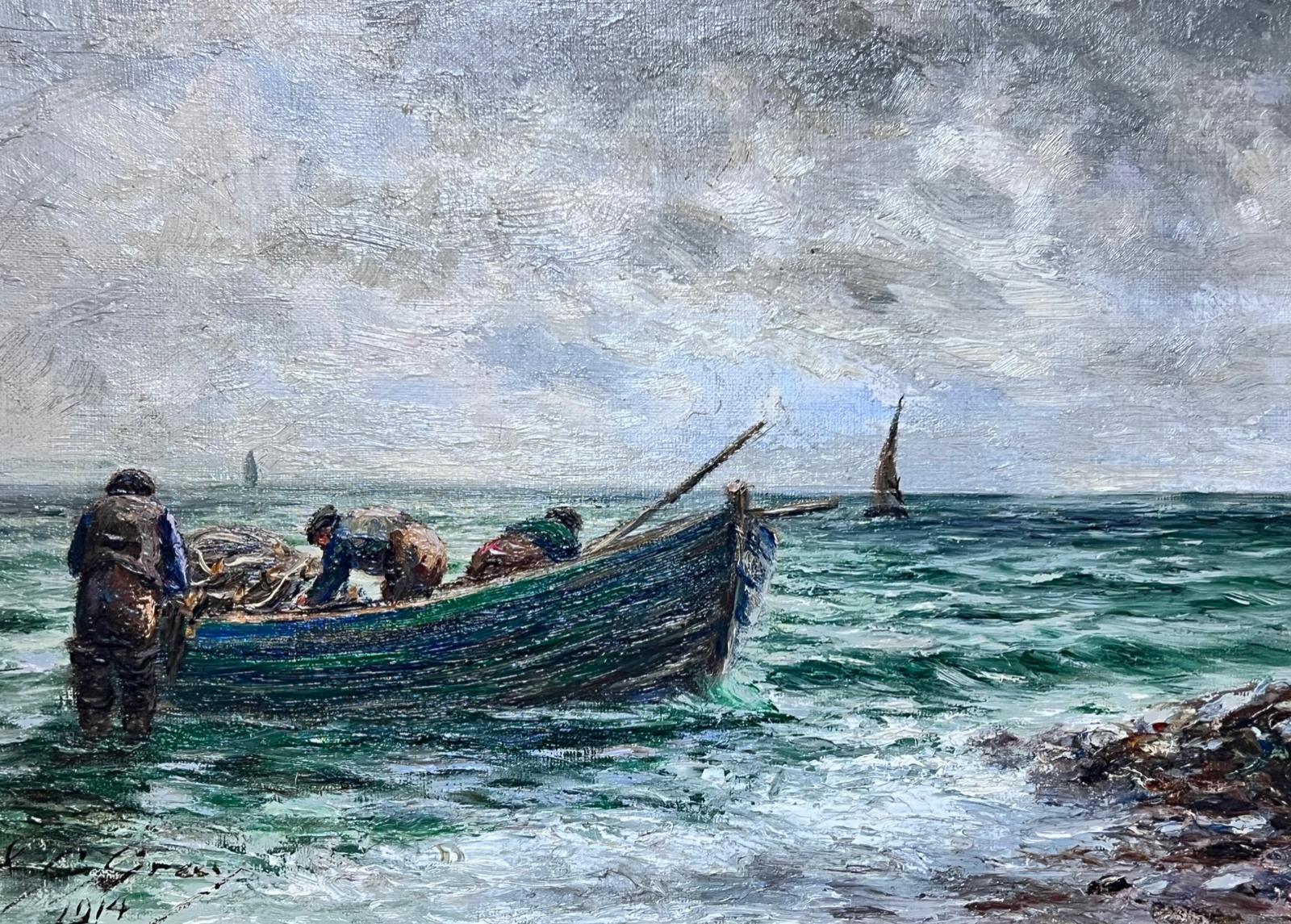 Antique Scottish Signed Oil Fishermen Bringing in their Catch Boats at Sea