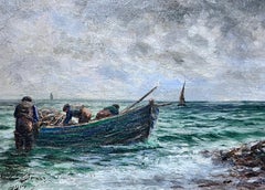 Antike schottische signierte Öl-Fischer, die ihre Fischen auf See mitgenommen