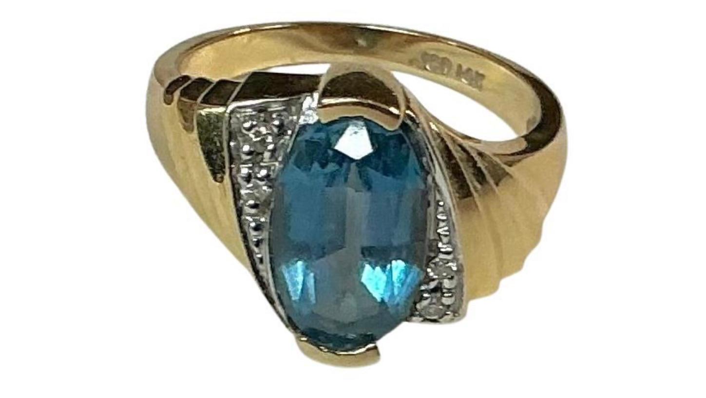 Oval Cut John C Rinker Blue Topaz 14K Yellow Gold and Diamond Ring For Sale