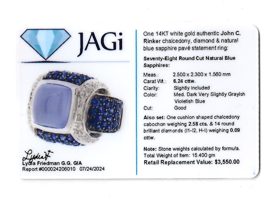 John C. Rinker Chalcedony, Diamond and Sapphire Cocktail Ring in 14 Karat Gold For Sale 5
