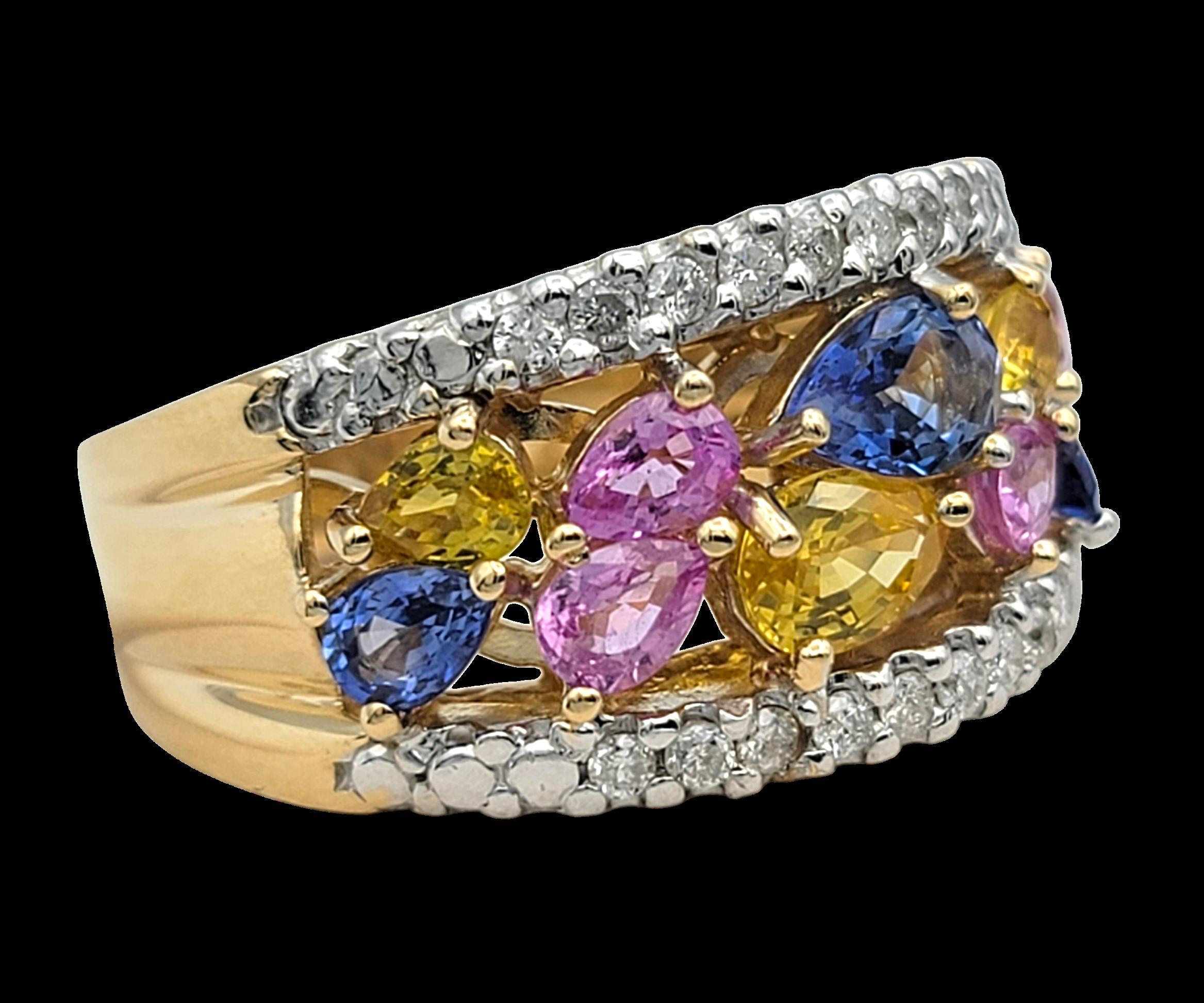 Contemporaneo John C. Rinker Multi-Colored Sapphire and Diamond Band Ring in 14 Karat Gold in vendita