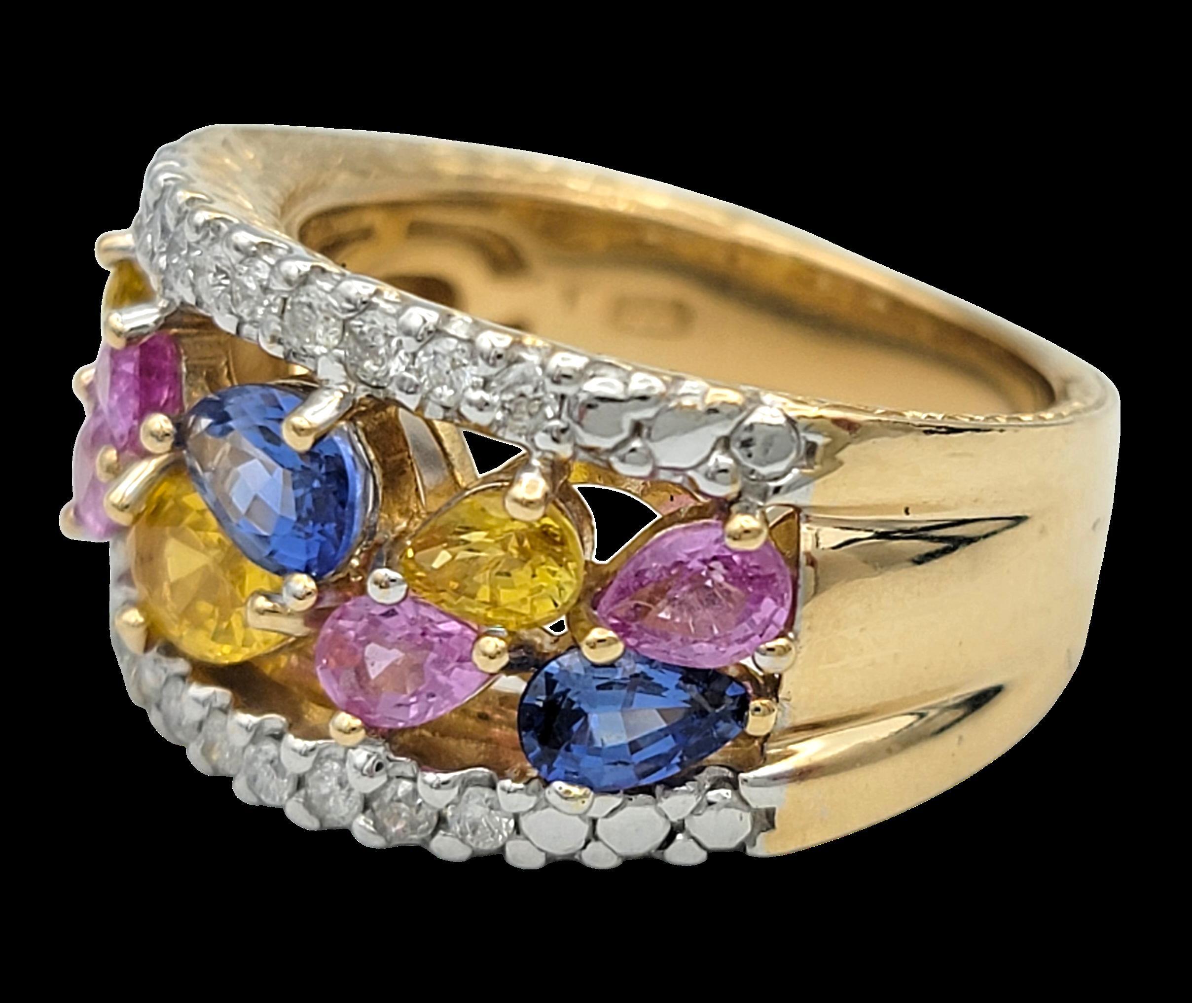 Taglio rotondo John C. Rinker Multi-Colored Sapphire and Diamond Band Ring in 14 Karat Gold in vendita