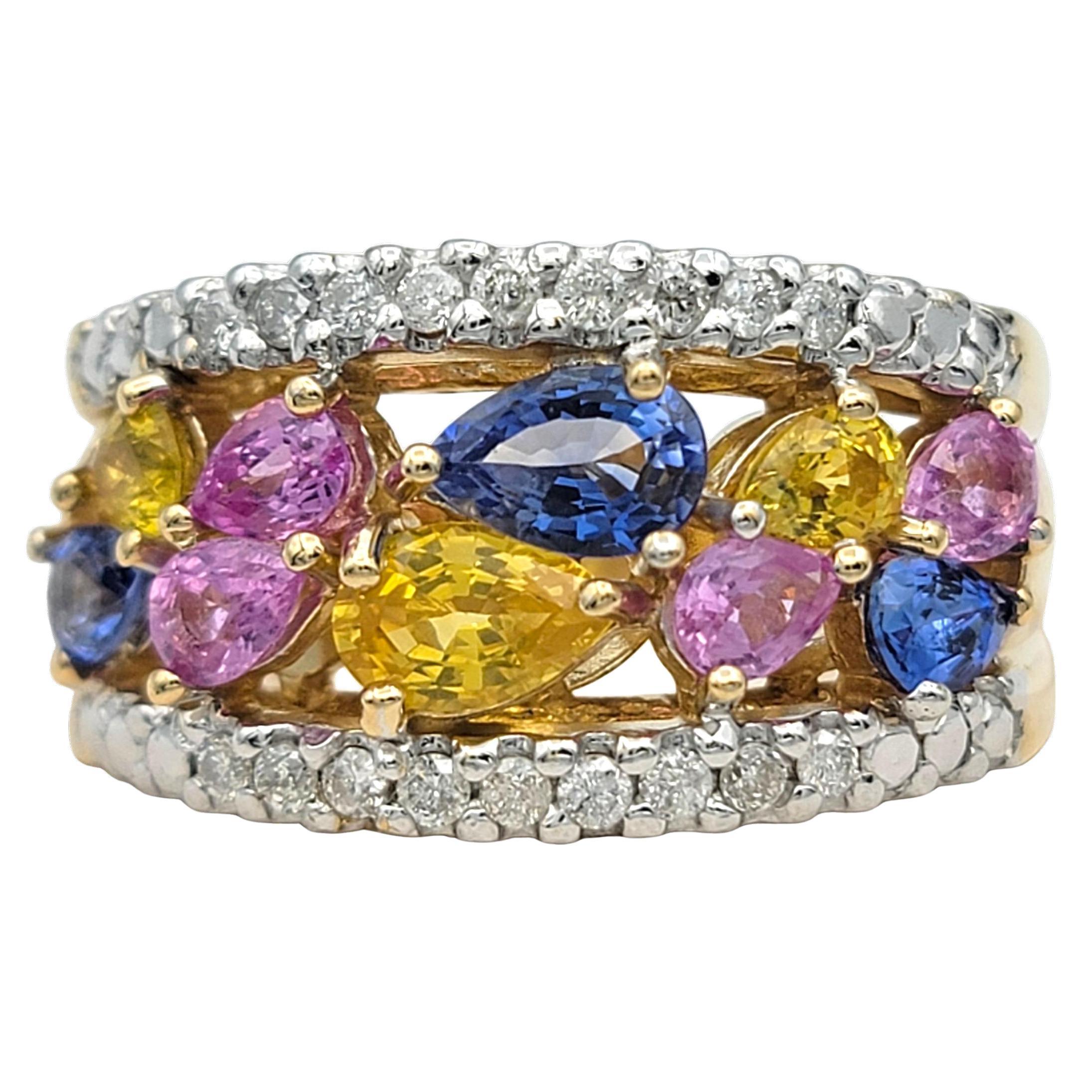 John C. Rinker Multi-Colored Sapphire and Diamond Band Ring in 14 Karat Gold