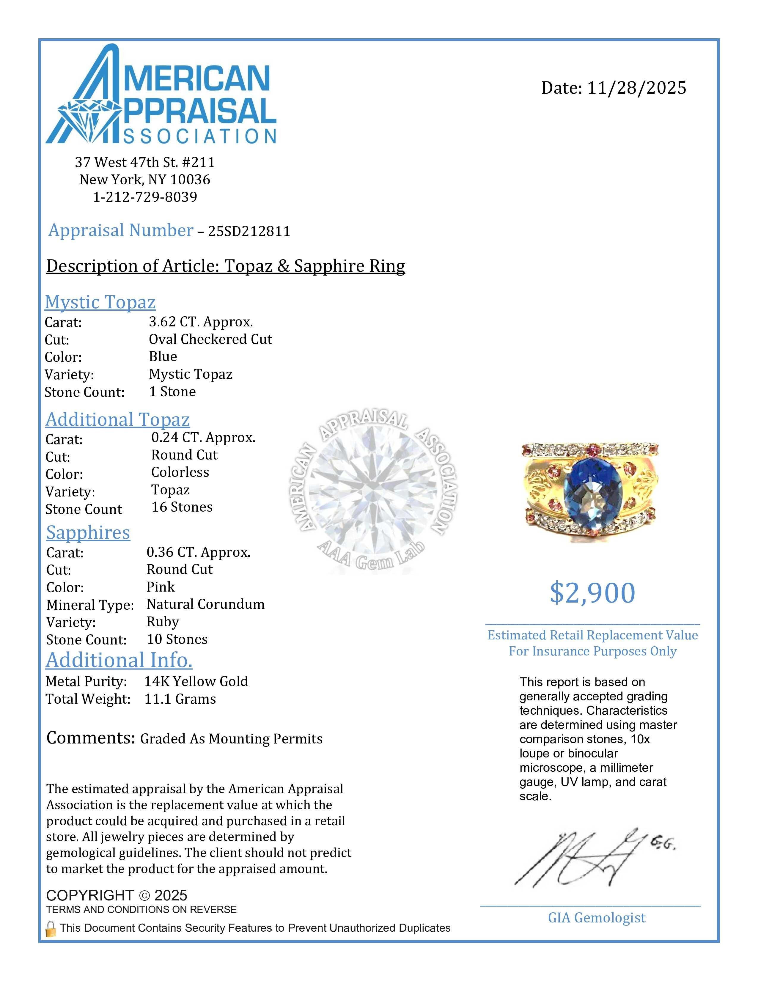 John C. Rinker Mystic Topaz & Pink Sapphire Etruscan Band Ring 14K Yellow Gold For Sale 4