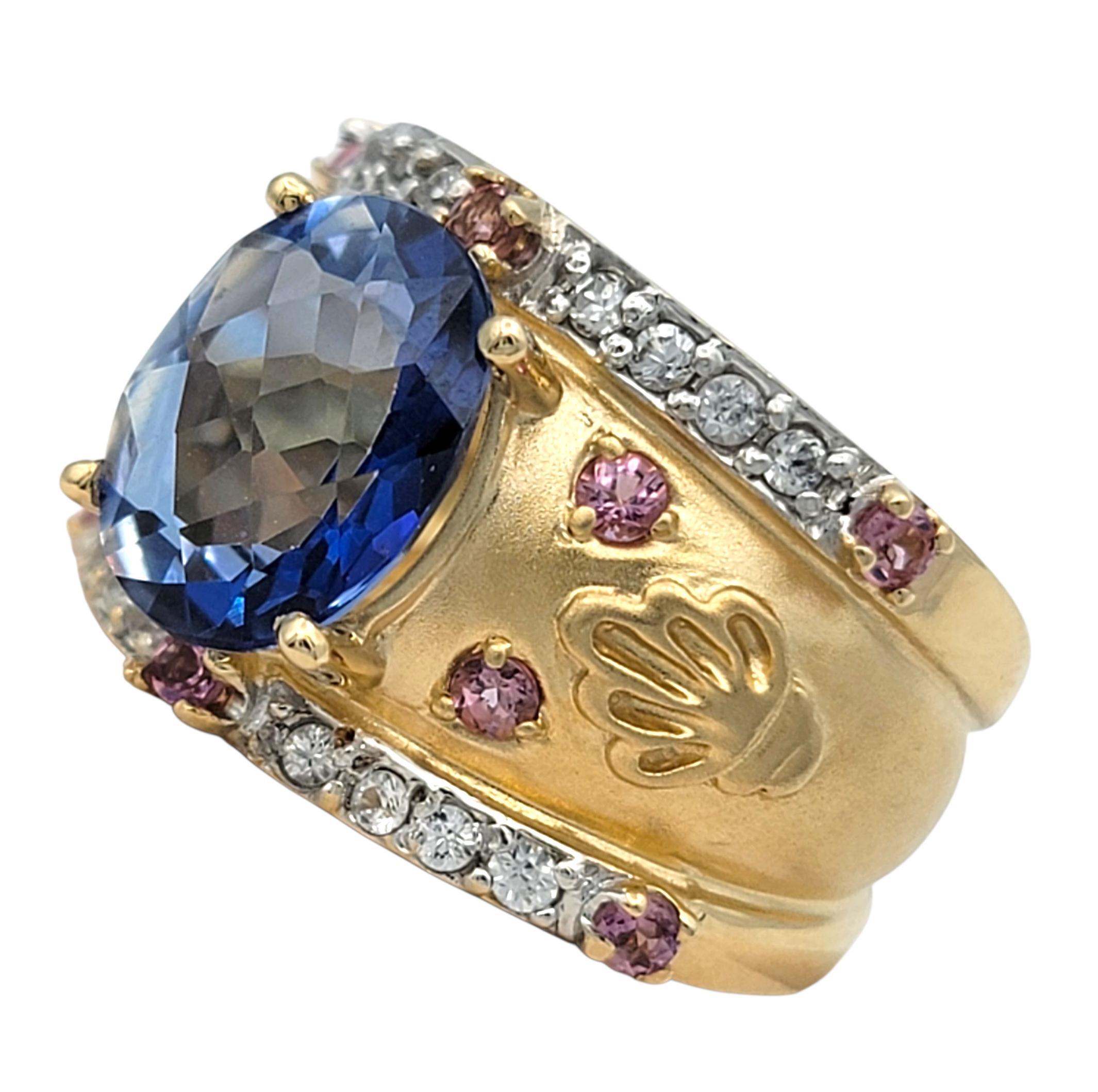Etruscan Revival John C. Rinker Mystic Topaz & Pink Sapphire Etruscan Band Ring 14K Yellow Gold For Sale