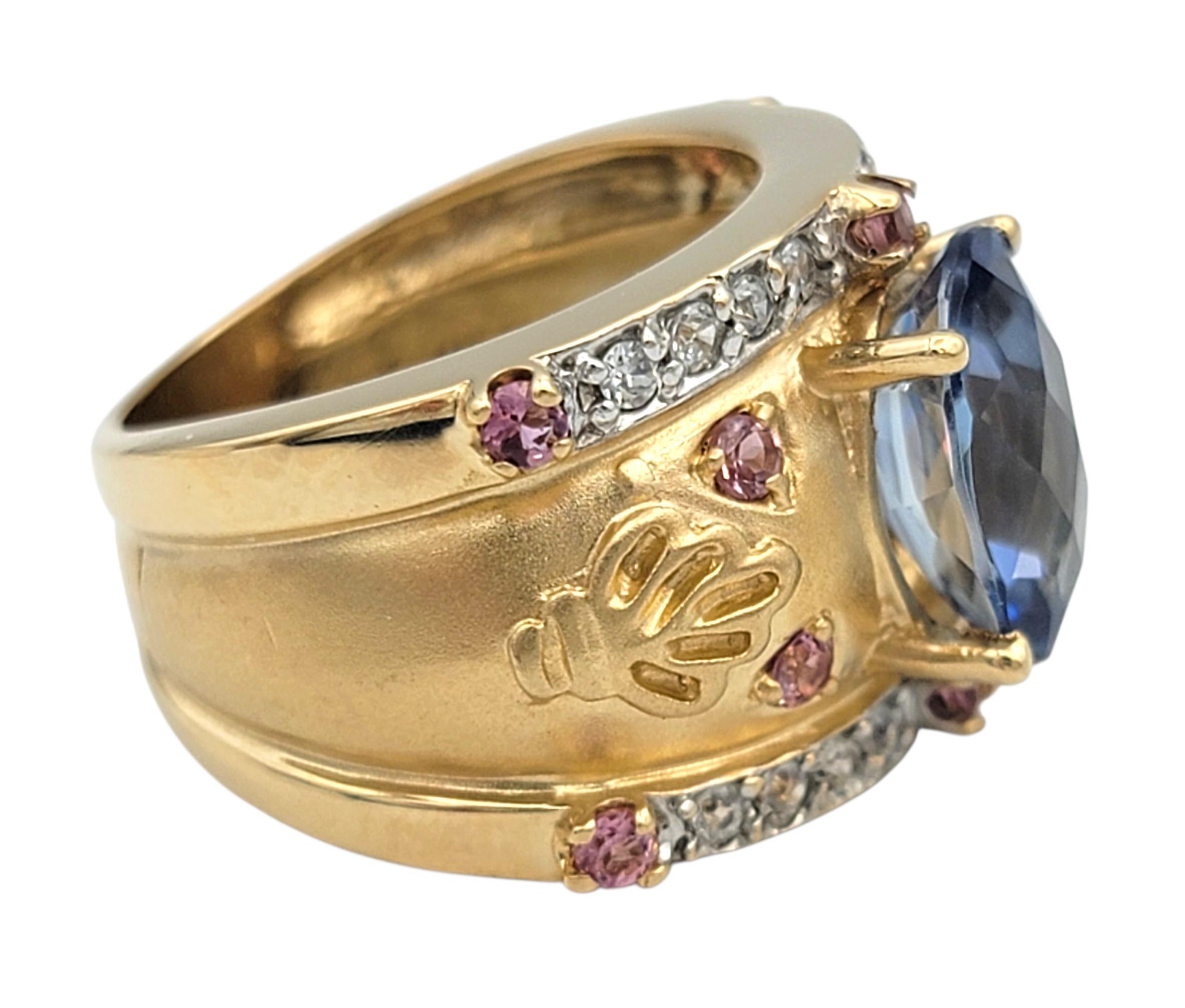 Oval Cut John C. Rinker Mystic Topaz & Pink Sapphire Etruscan Band Ring 14K Yellow Gold For Sale