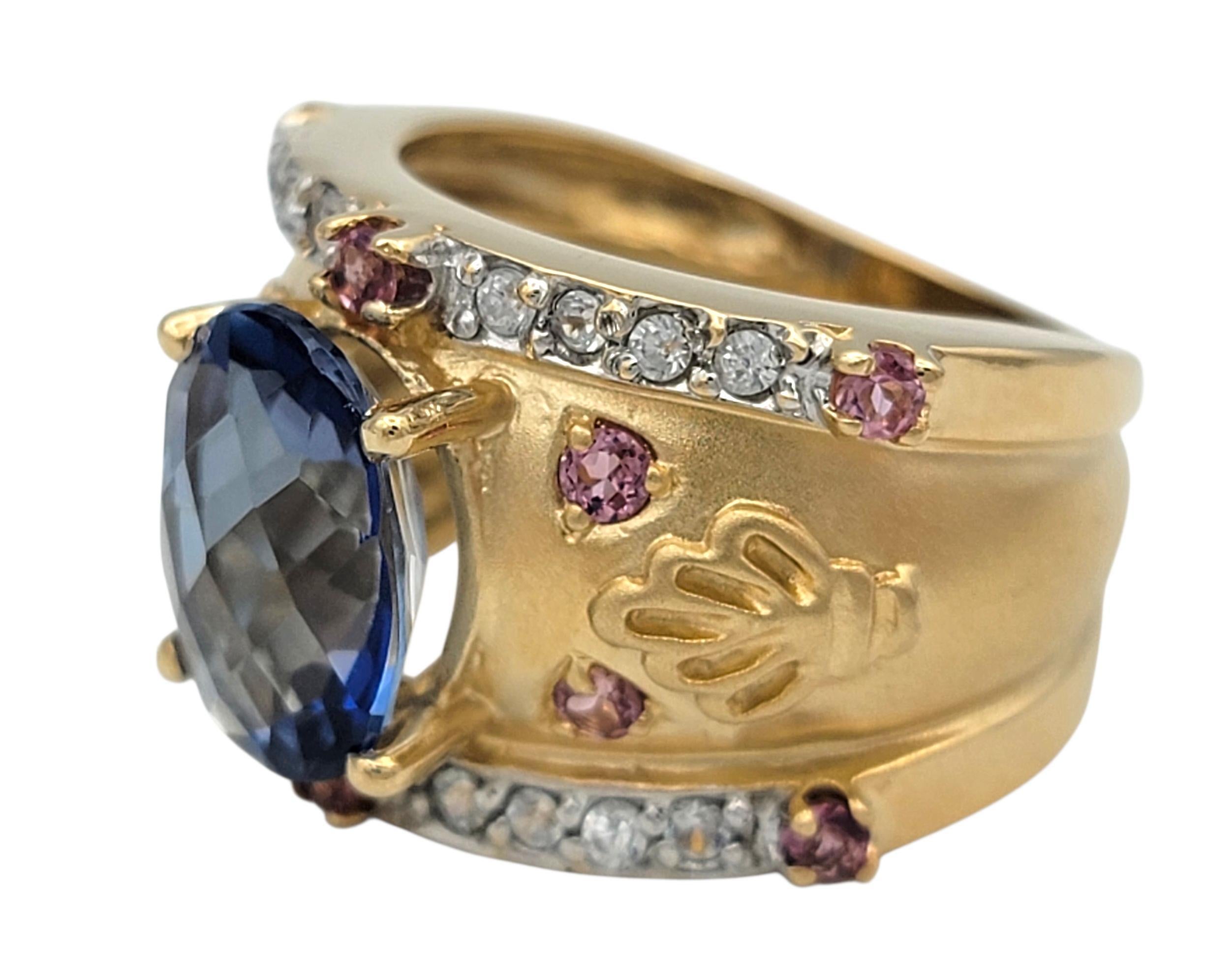 John C. Rinker Mystic Topaz & Pink Sapphire Etruscan Band Ring 14K Yellow Gold In Excellent Condition For Sale In Scottsdale, AZ