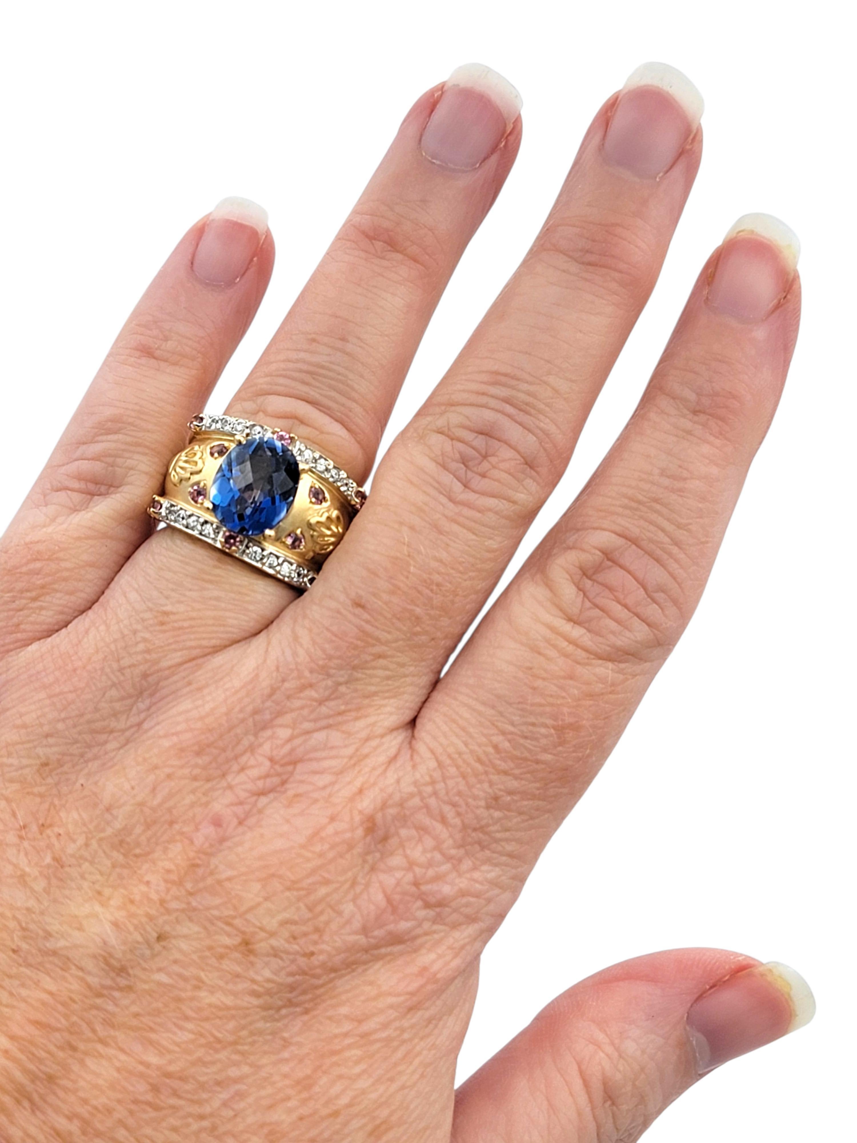 John C. Rinker Mystic Topaz & Pink Sapphire Etruscan Band Ring 14K Yellow Gold For Sale 2