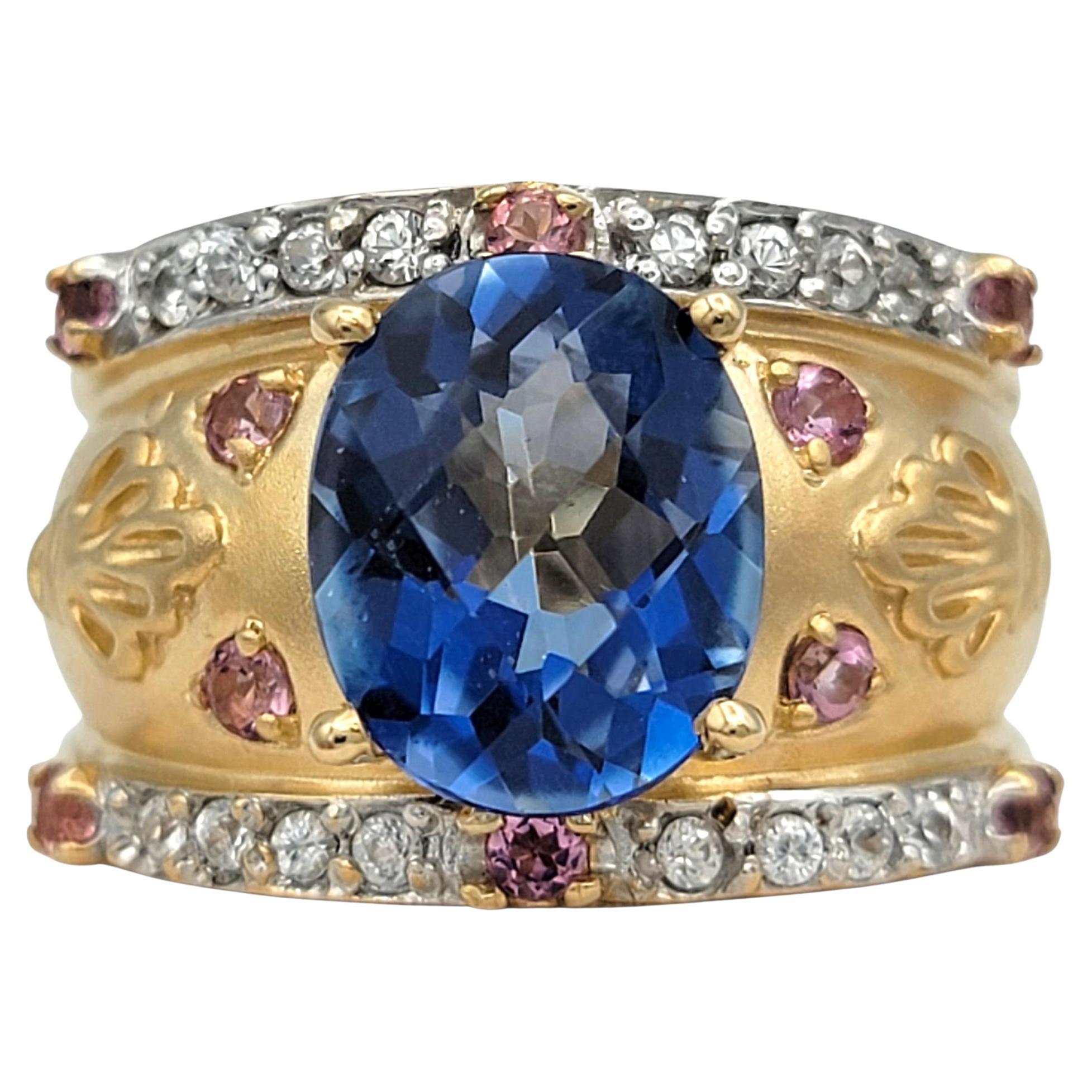 John C. Rinker Mystic Topaz 
Pink Sapphire Etruscan Band Ring 14K Yellow Gold For Sale