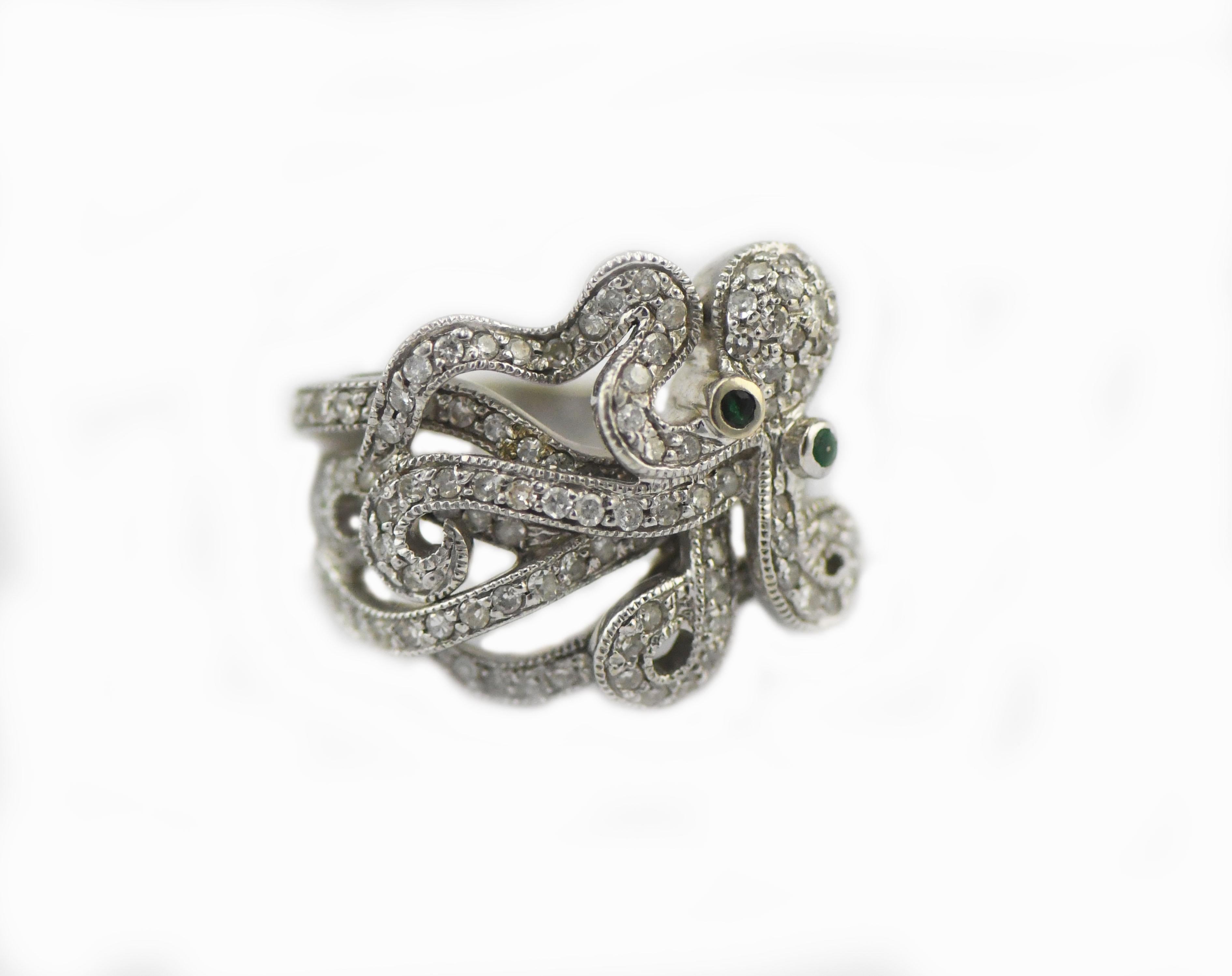 Round Cut John C. Rinker Octopus Ring 1 Carat Diamonds with Emerald Eyes