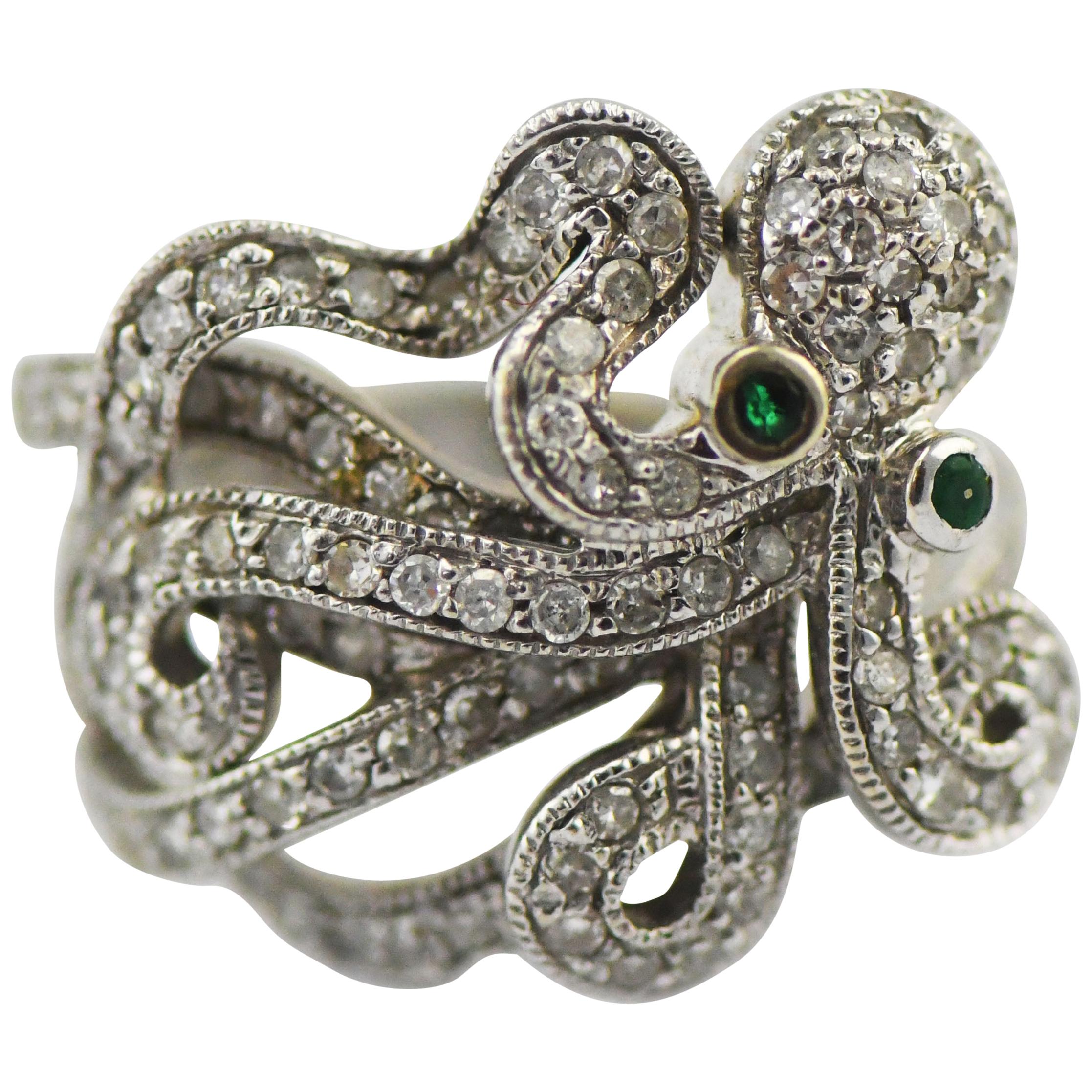 John C. Rinker Octopus Ring 1 Carat Diamonds with Emerald Eyes
