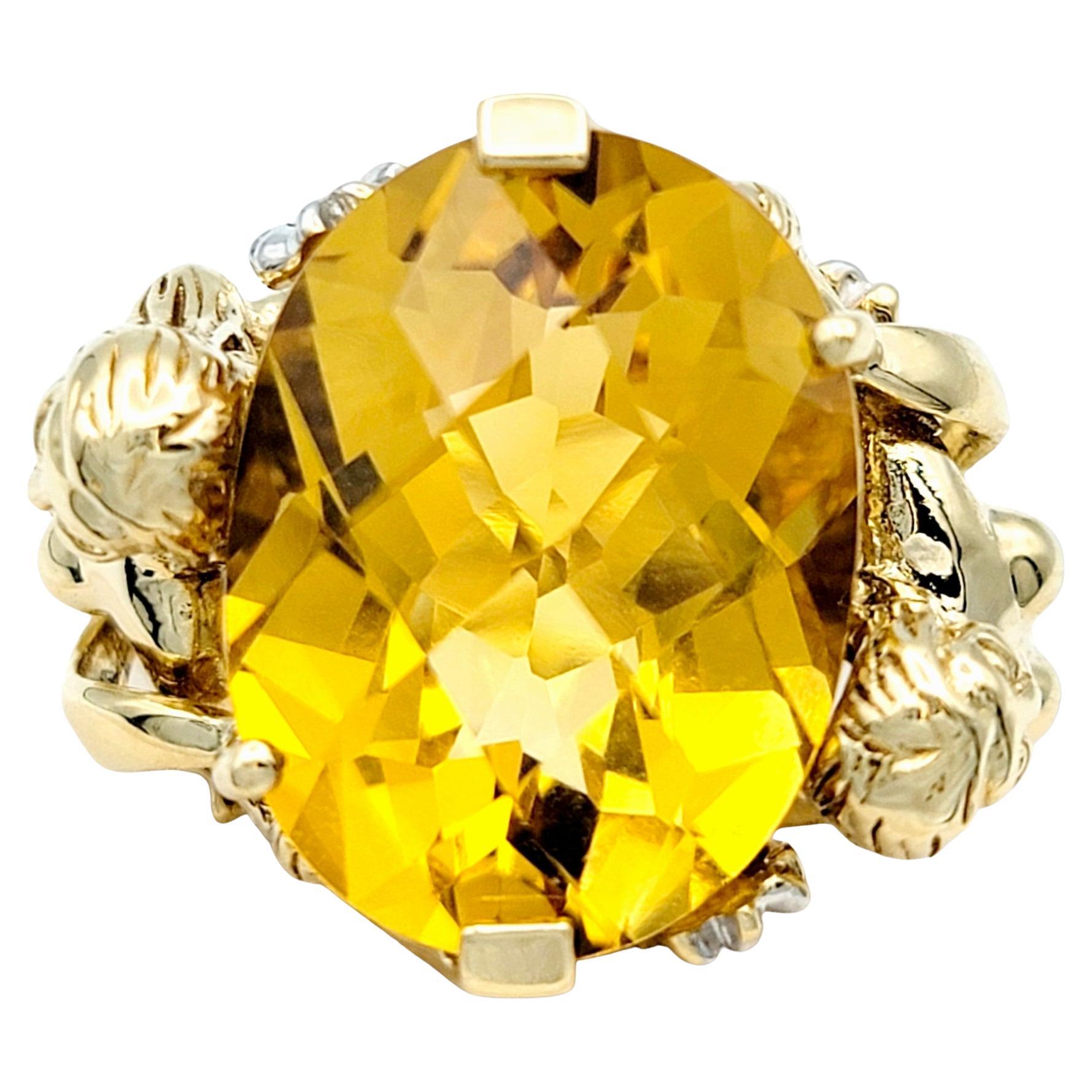 Ring size: 8 

This captivating ring is a true work of art, a testament to the exquisite craftsmanship and intricate design from its designer, John C. Rinker. At its heart reigns an 8.63 carat oval citrine stone, exuding a warm and inviting glow.