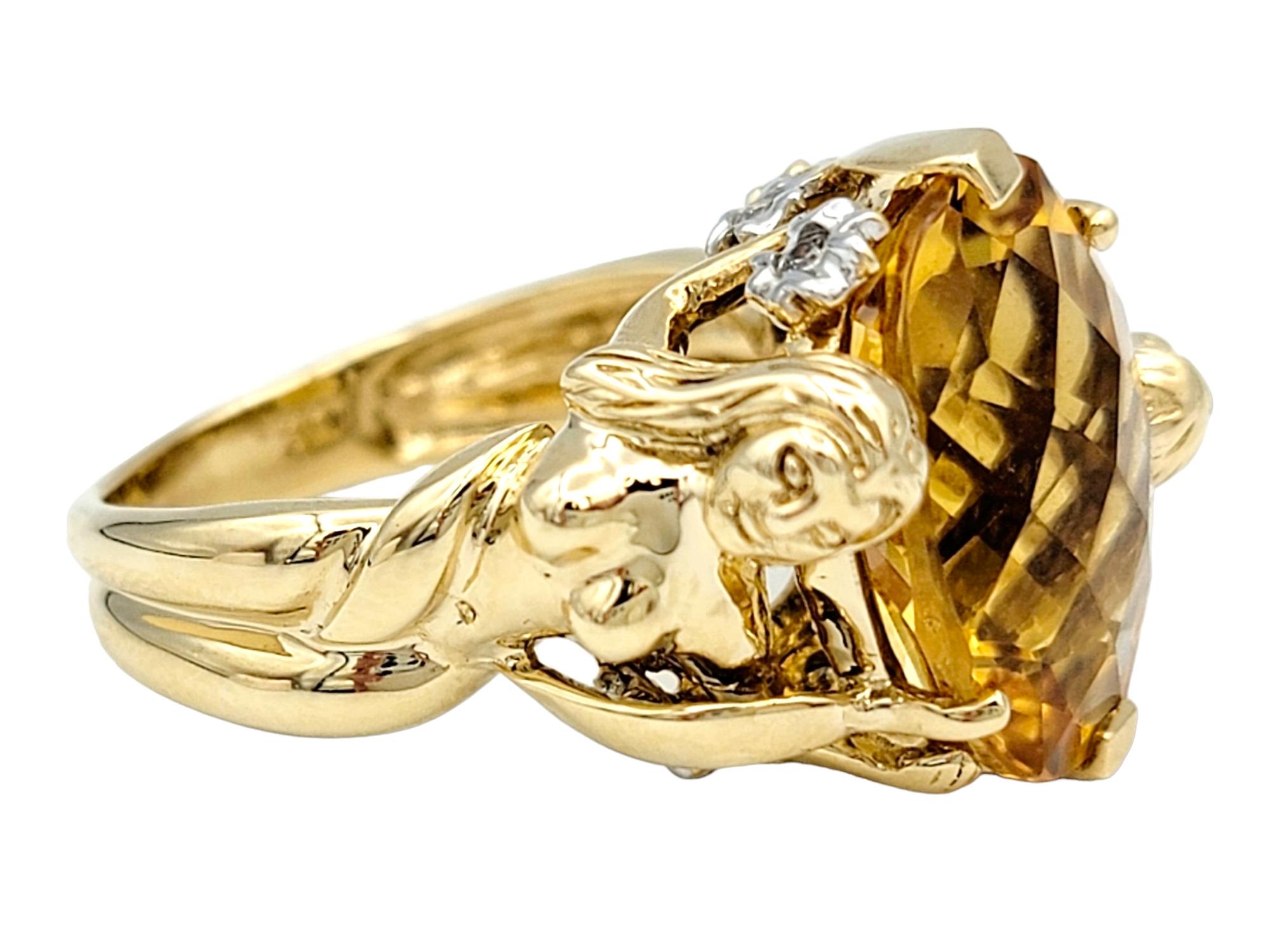 Contemporary John C. Rinker Oval Citrine Cocktail Ring with Two Lady Carving in 14 Karat Gold For Sale