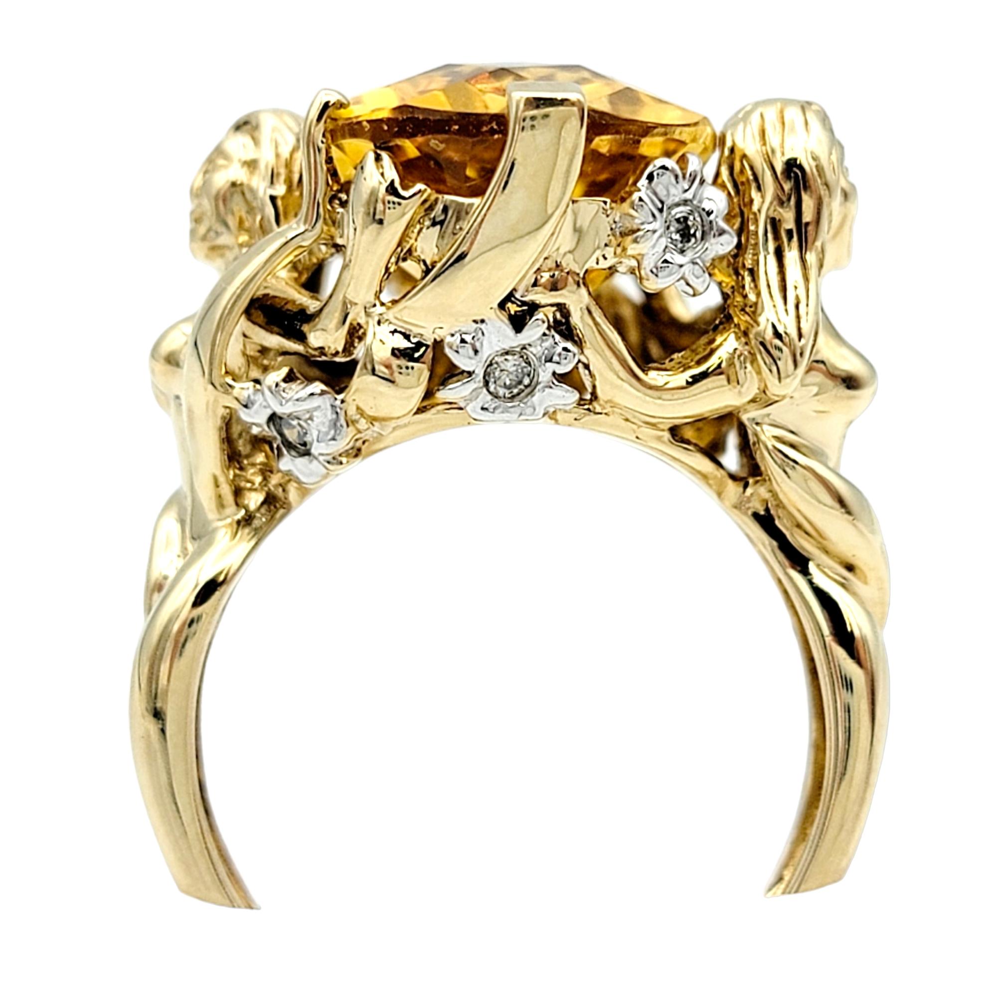 Oval Cut John C. Rinker Oval Citrine Cocktail Ring with Two Lady Carving in 14 Karat Gold For Sale
