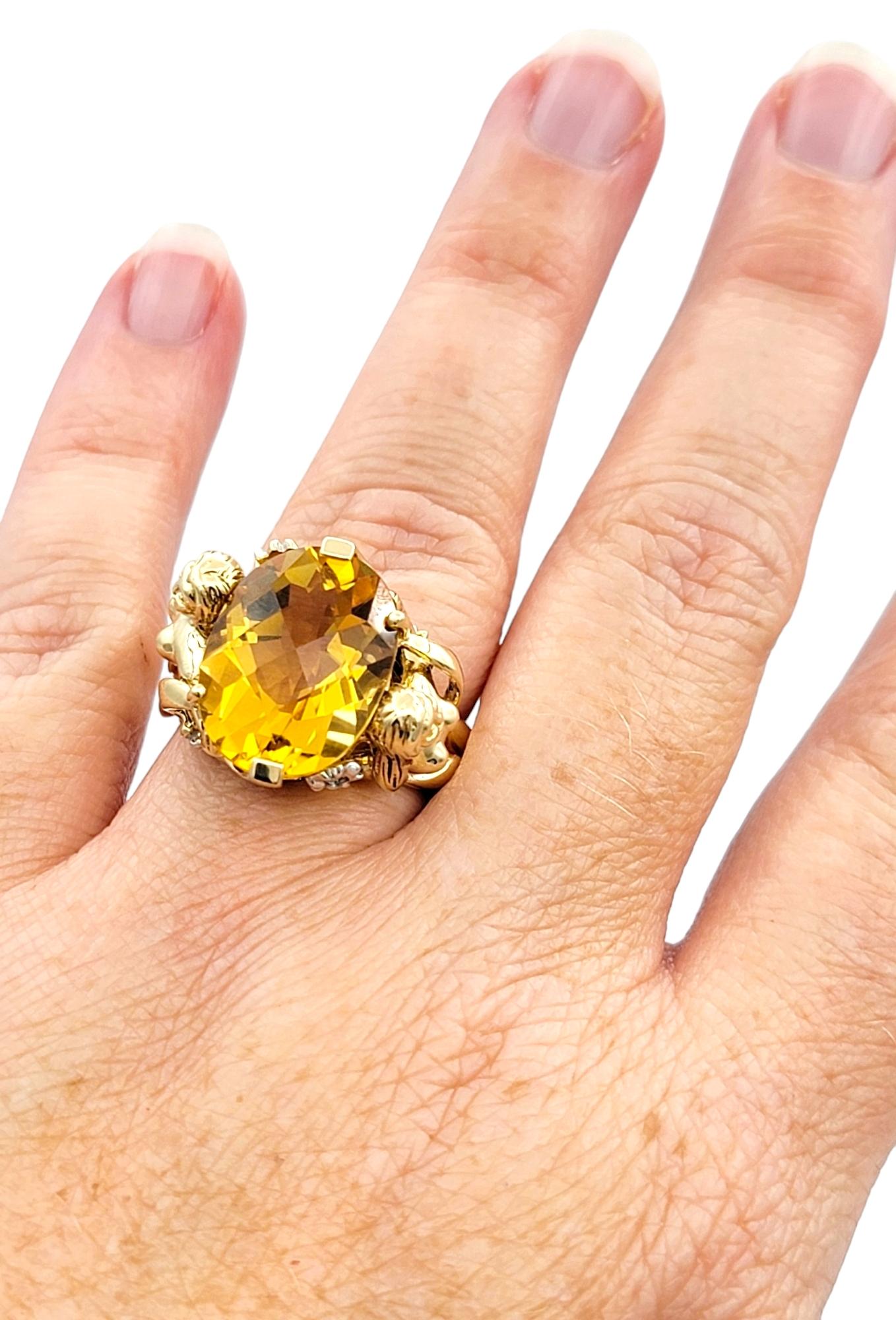 John C. Rinker Oval Citrine Cocktail Ring with Two Lady Carving in 14 Karat Gold For Sale 2