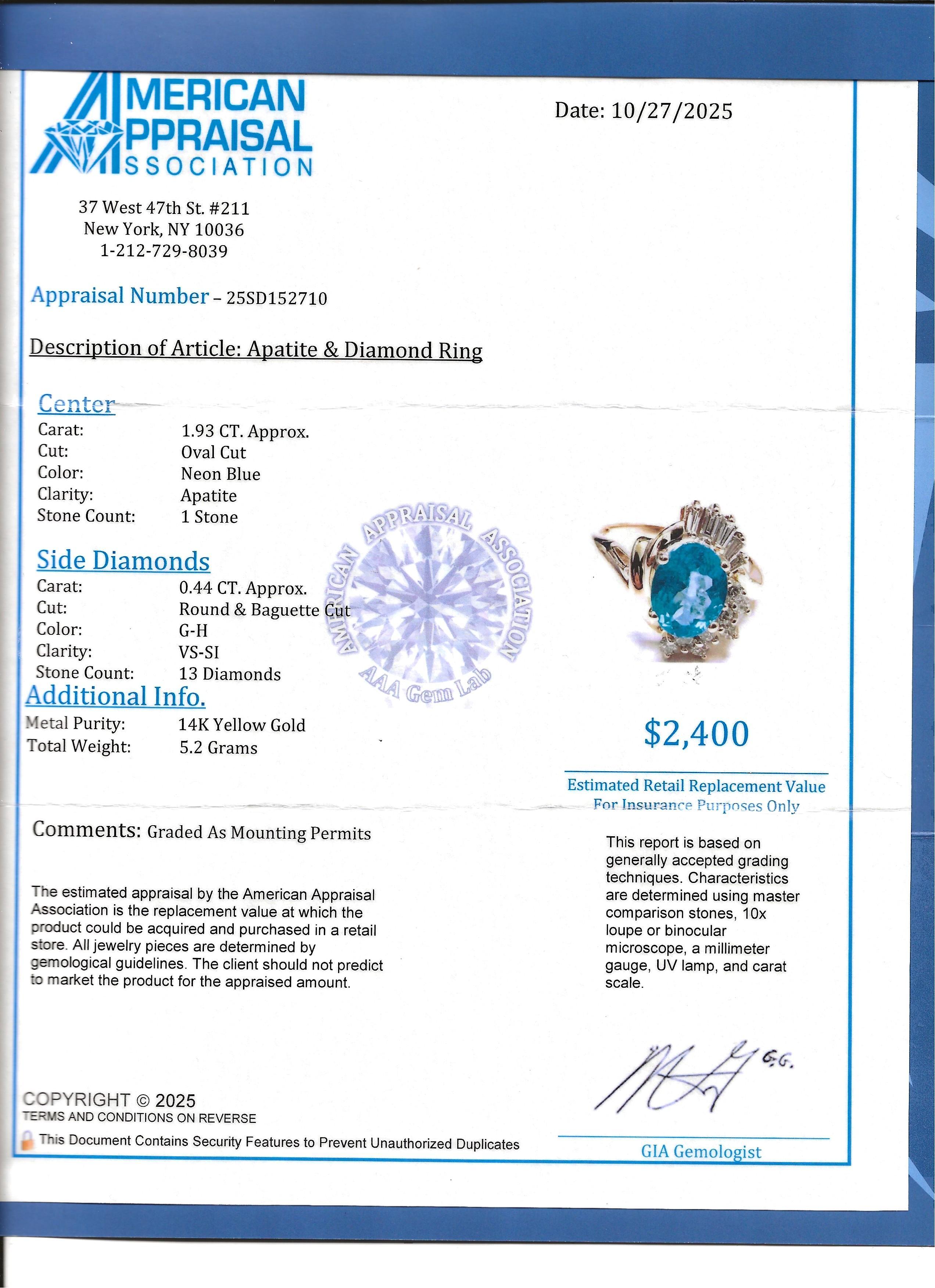 John C.C. Cinker Bague cocktail en or jaune 14 carats avec apatite et diamant de taille ovale en vente 5