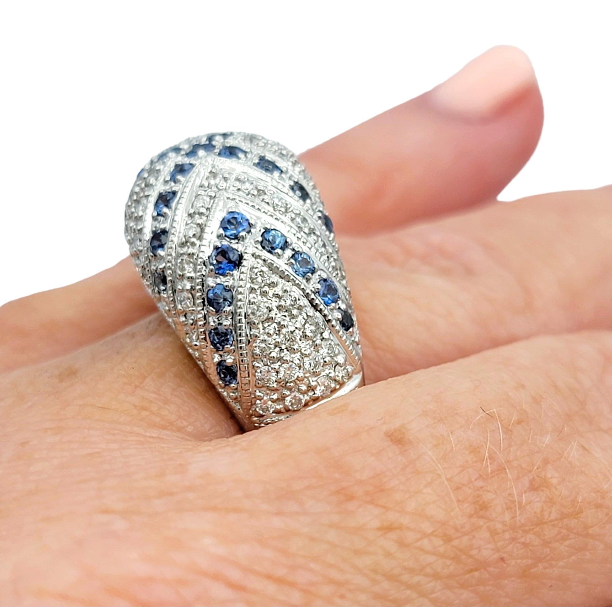 John C. Rinker Pave Diamond and Blue Sapphire Dome Ring in 14 Karat White Gold For Sale 4
