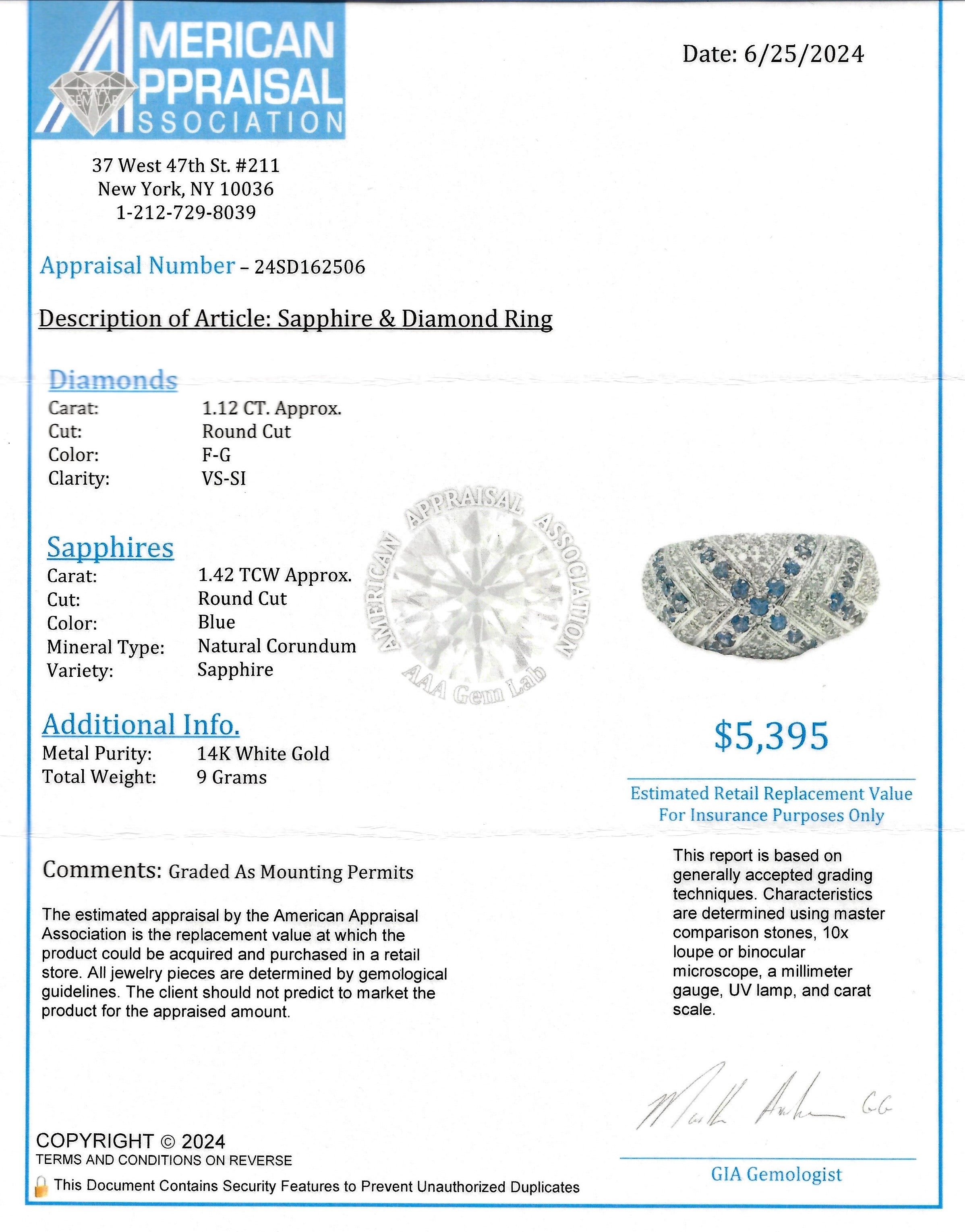 John C. Rinker Pave Diamond and Blue Sapphire Dome Ring in 14 Karat White Gold For Sale 5