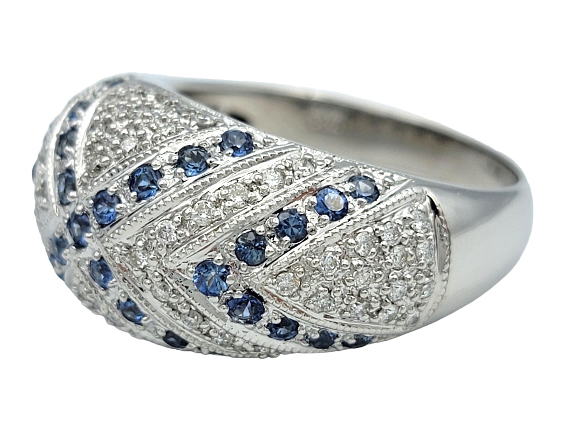 Contemporary John C. Rinker Pave Diamond and Blue Sapphire Dome Ring in 14 Karat White Gold For Sale