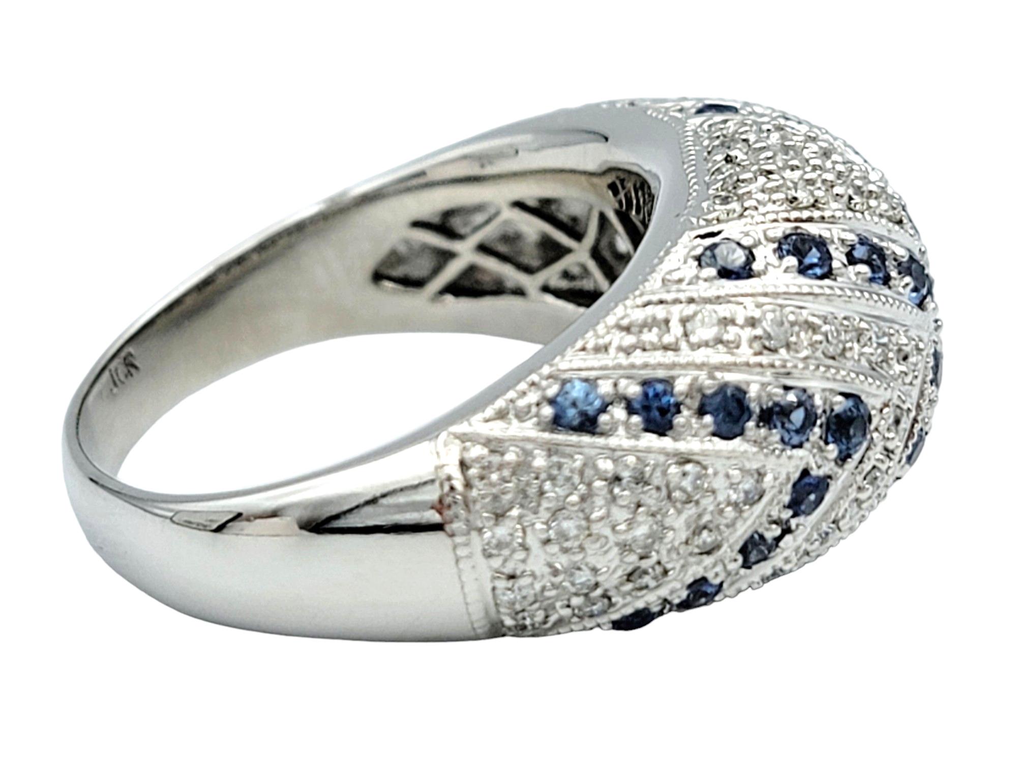 Round Cut John C. Rinker Pave Diamond and Blue Sapphire Dome Ring in 14 Karat White Gold For Sale