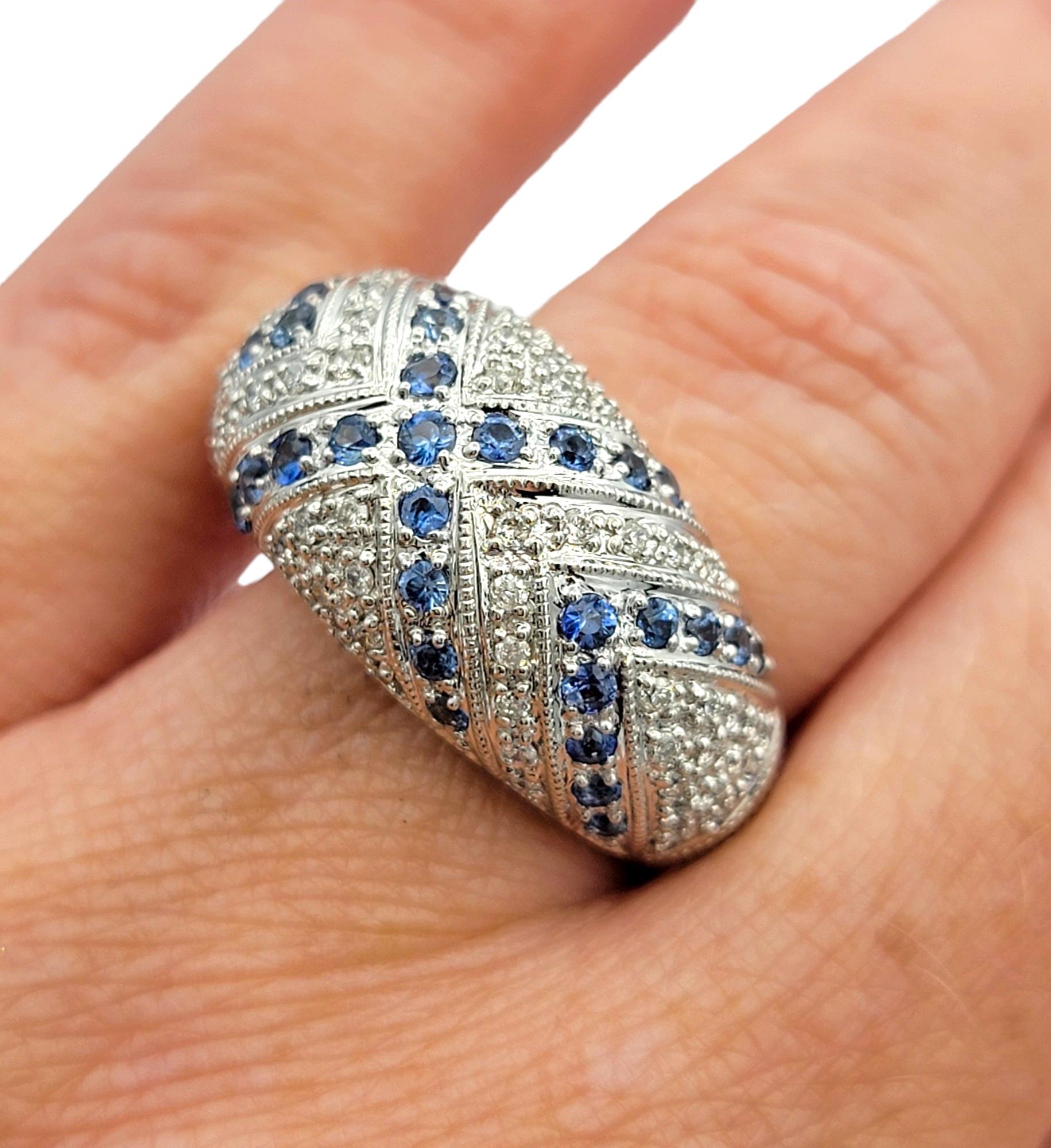 John C. Rinker Pave Diamond and Blue Sapphire Dome Ring in 14 Karat White Gold For Sale 3