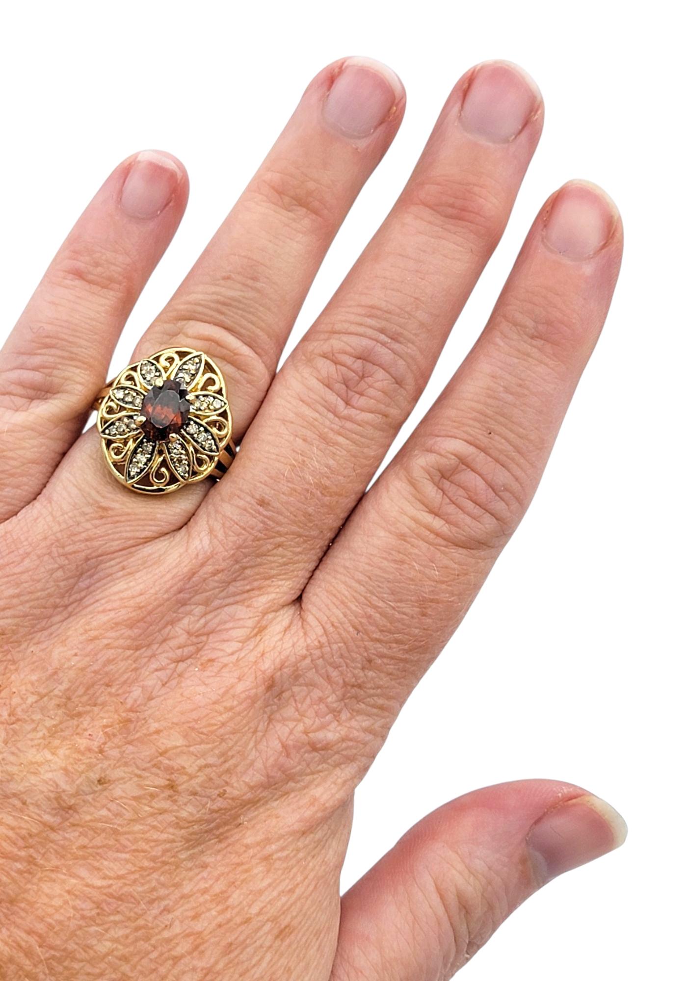 John C. Rinker Red Zircon and Brown Diamond Flower Cocktail Ring 14 Karat Gold im Angebot 2
