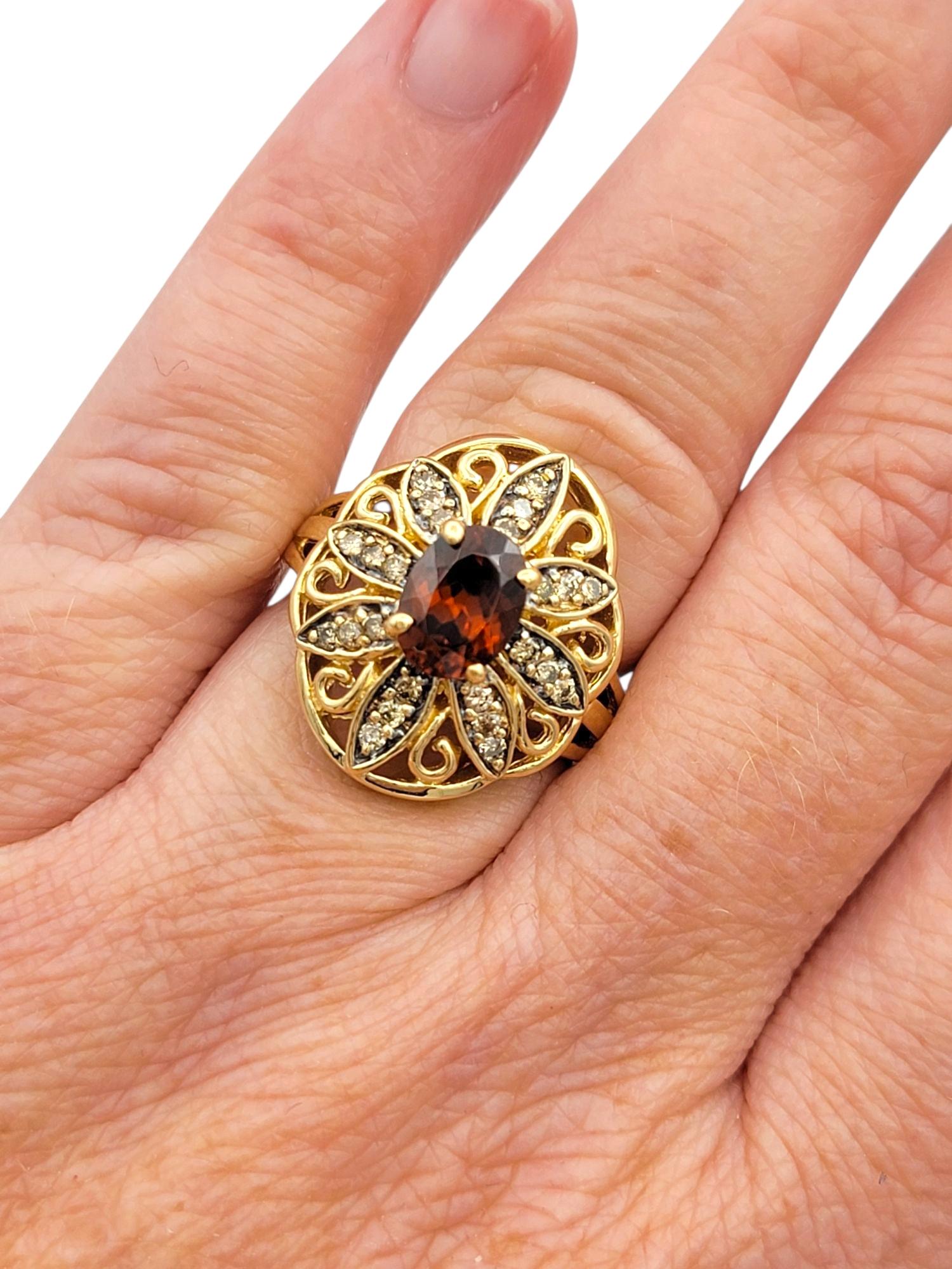 John C. Rinker Red Zircon and Brown Diamond Flower Cocktail Ring 14 Karat Gold im Angebot 3