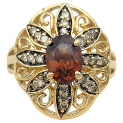 John C. Rinker Red Zircon and Brown Diamond Flower Cocktail Ring 14 Karat Gold