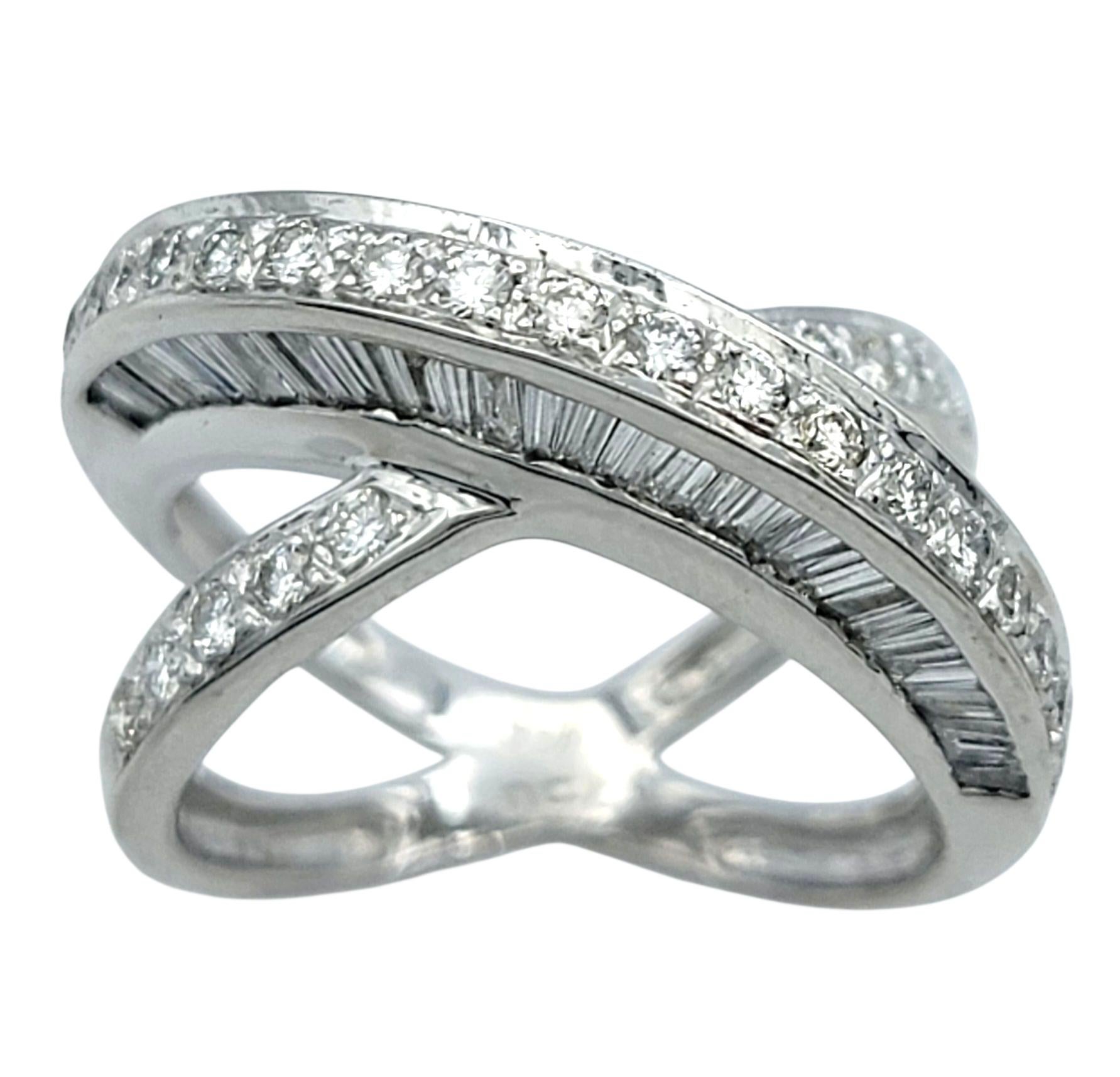 Contemporary John C. Rinker Round and Baguette Diamond Criss Cross Band Ring in 18 Karat Gold For Sale