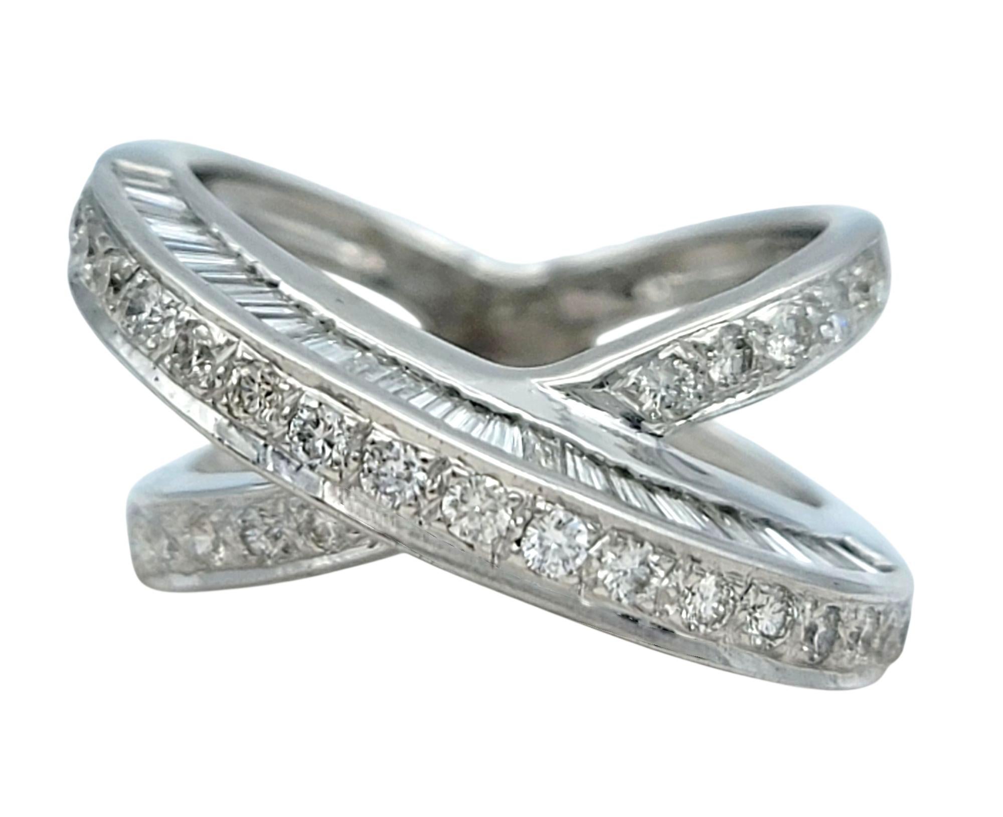 Round Cut John C. Rinker Round and Baguette Diamond Criss Cross Band Ring in 18 Karat Gold For Sale