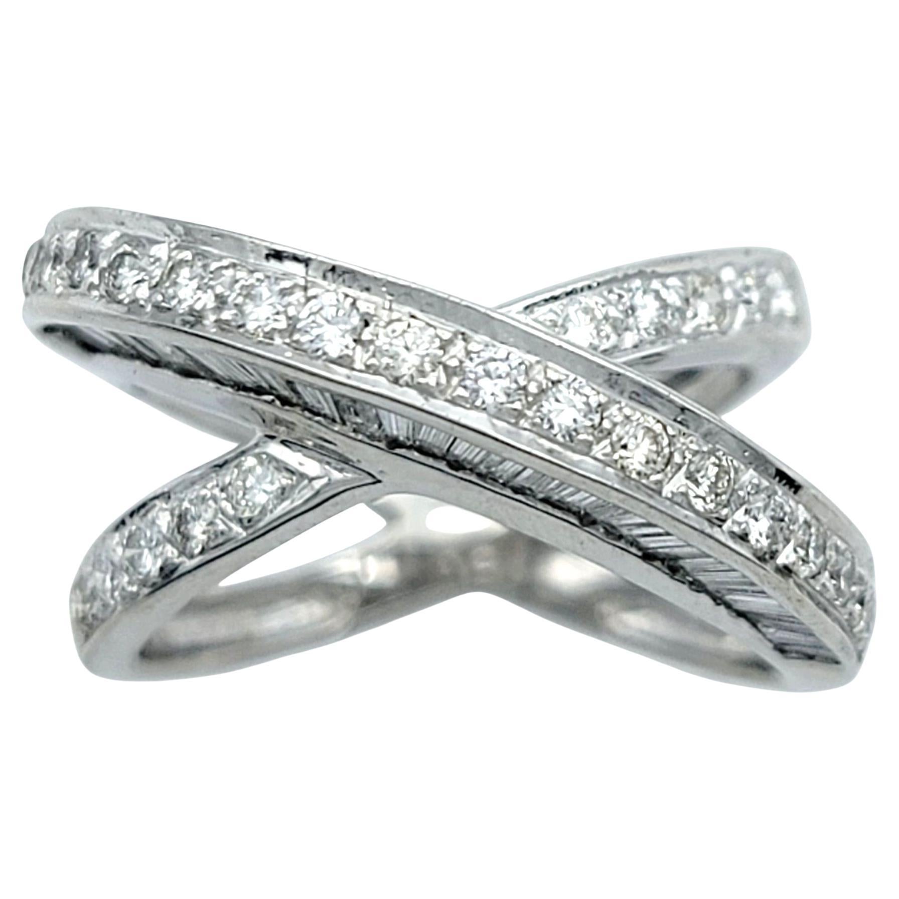 John C. Rinker Round and Baguette Diamond Criss Cross Band Ring in 18 Karat Gold For Sale