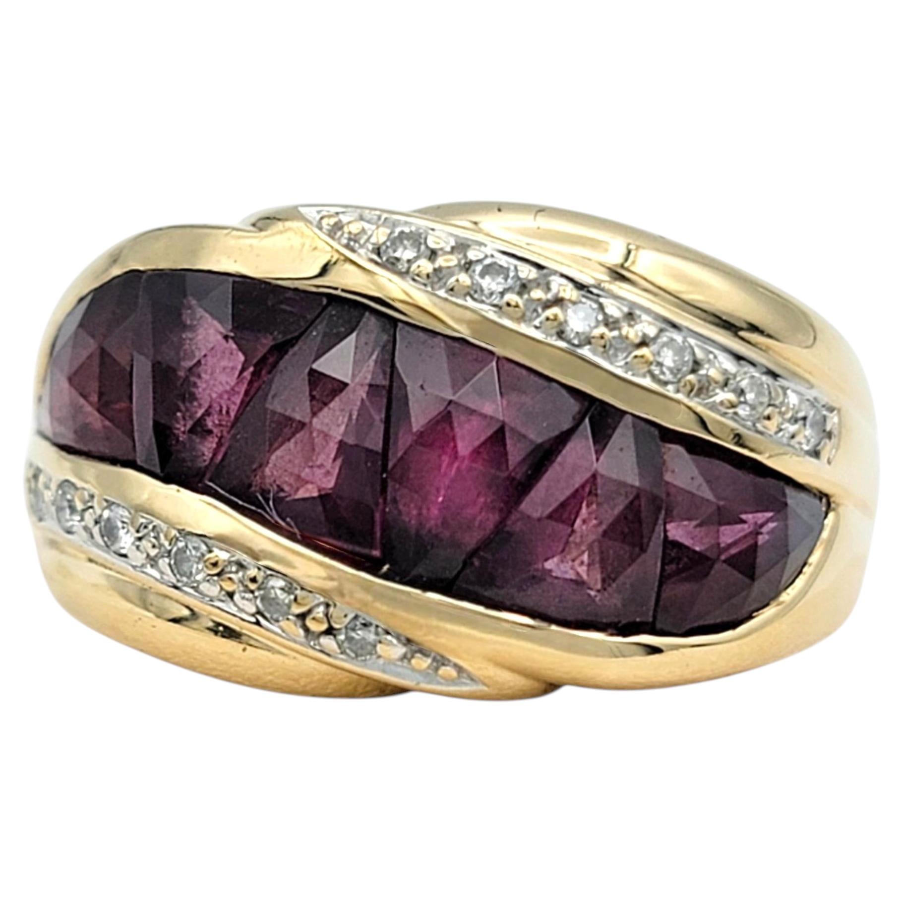 John C. Rinker Triangular Garnet Band Ring with Diamonds in 14 Karat Yellow Gold For Sale