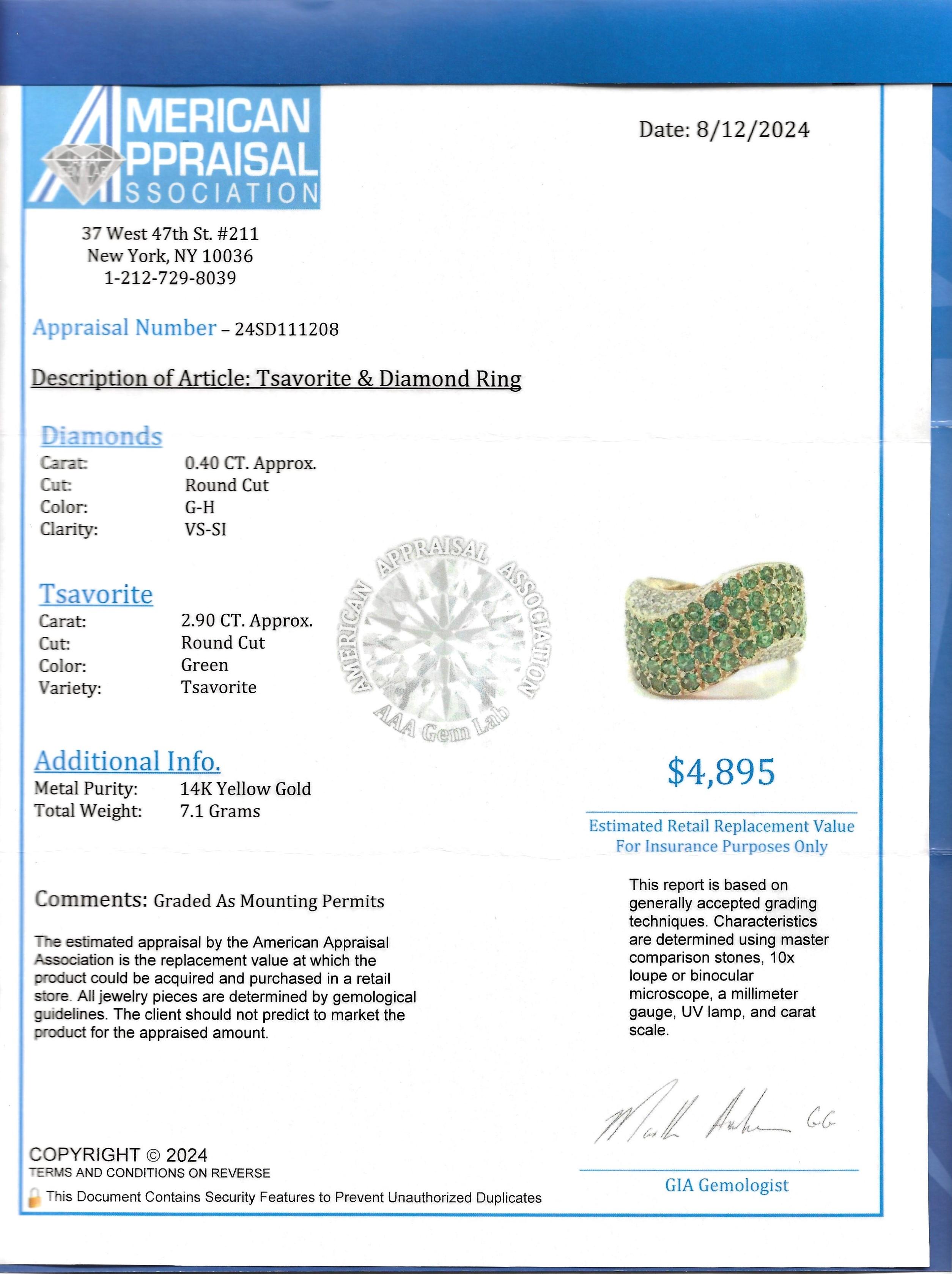 John C. Rinker, bague jonc ondulé en or jaune 14 carats, tsavorite et diamants en vente 4