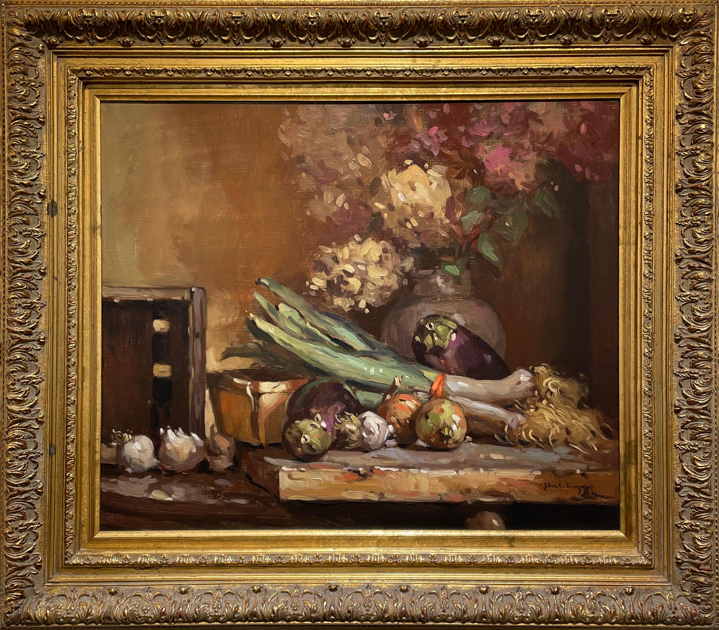 John C. Traynor Still-Life Painting - "Hydrangeas on the Table, " Still Life Oil Painting