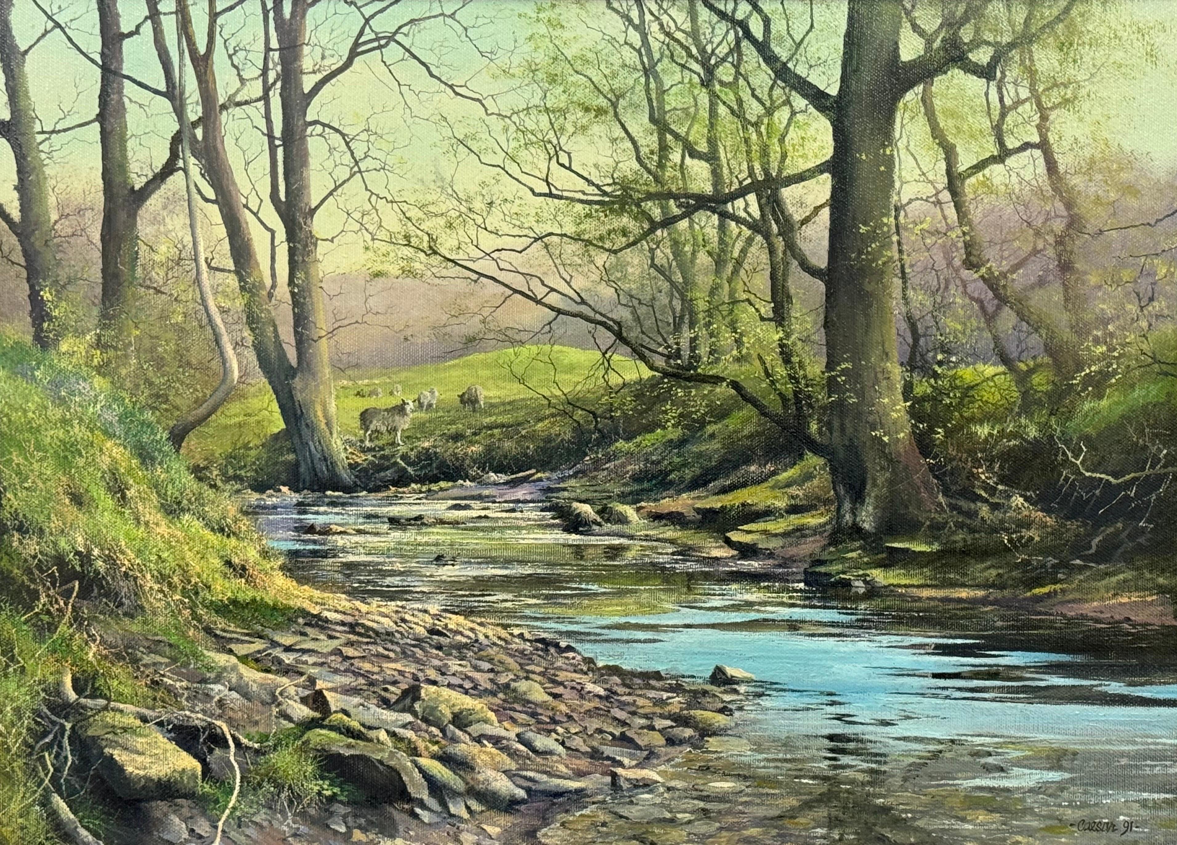Pintura al óleo de una carrera de truchas en un río arbolado de la campiña inglesa en venta 5