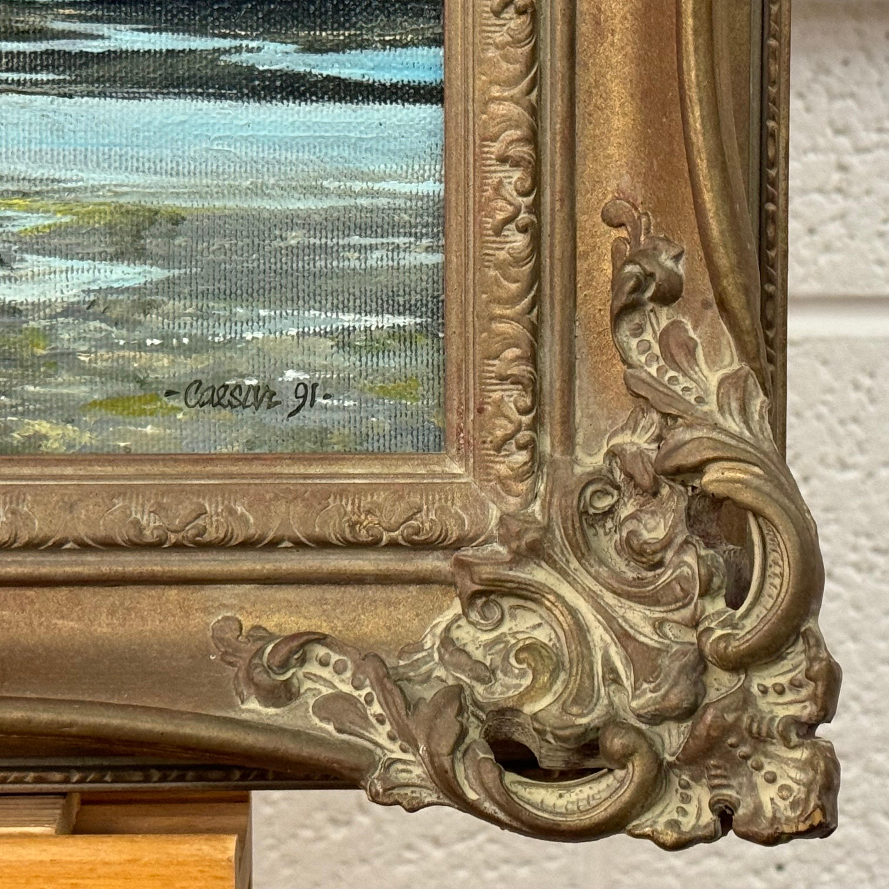 Pintura al óleo de una carrera de truchas en un río arbolado de la campiña inglesa en venta 6
