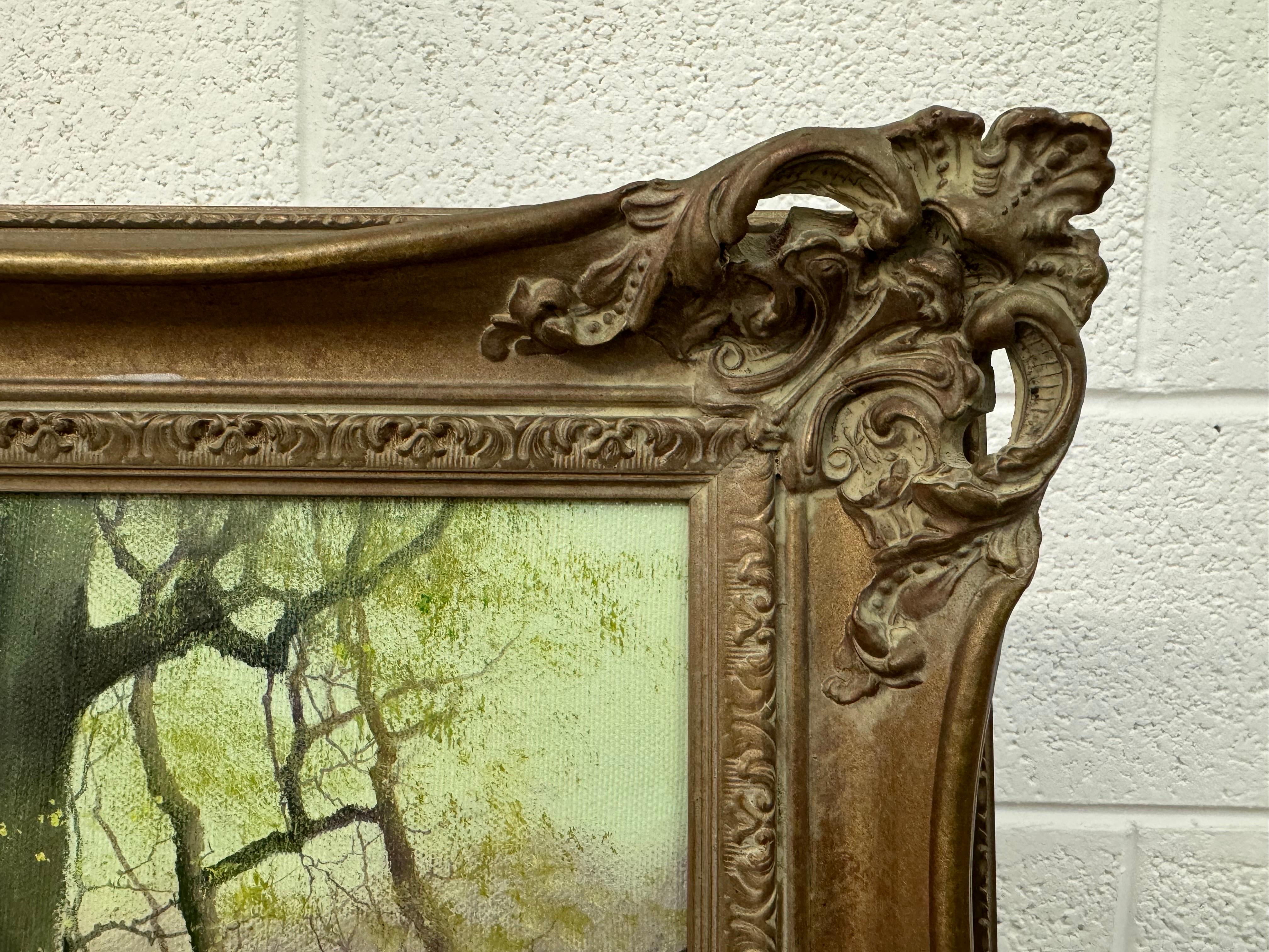 Pintura al óleo de una carrera de truchas en un río arbolado de la campiña inglesa en venta 8