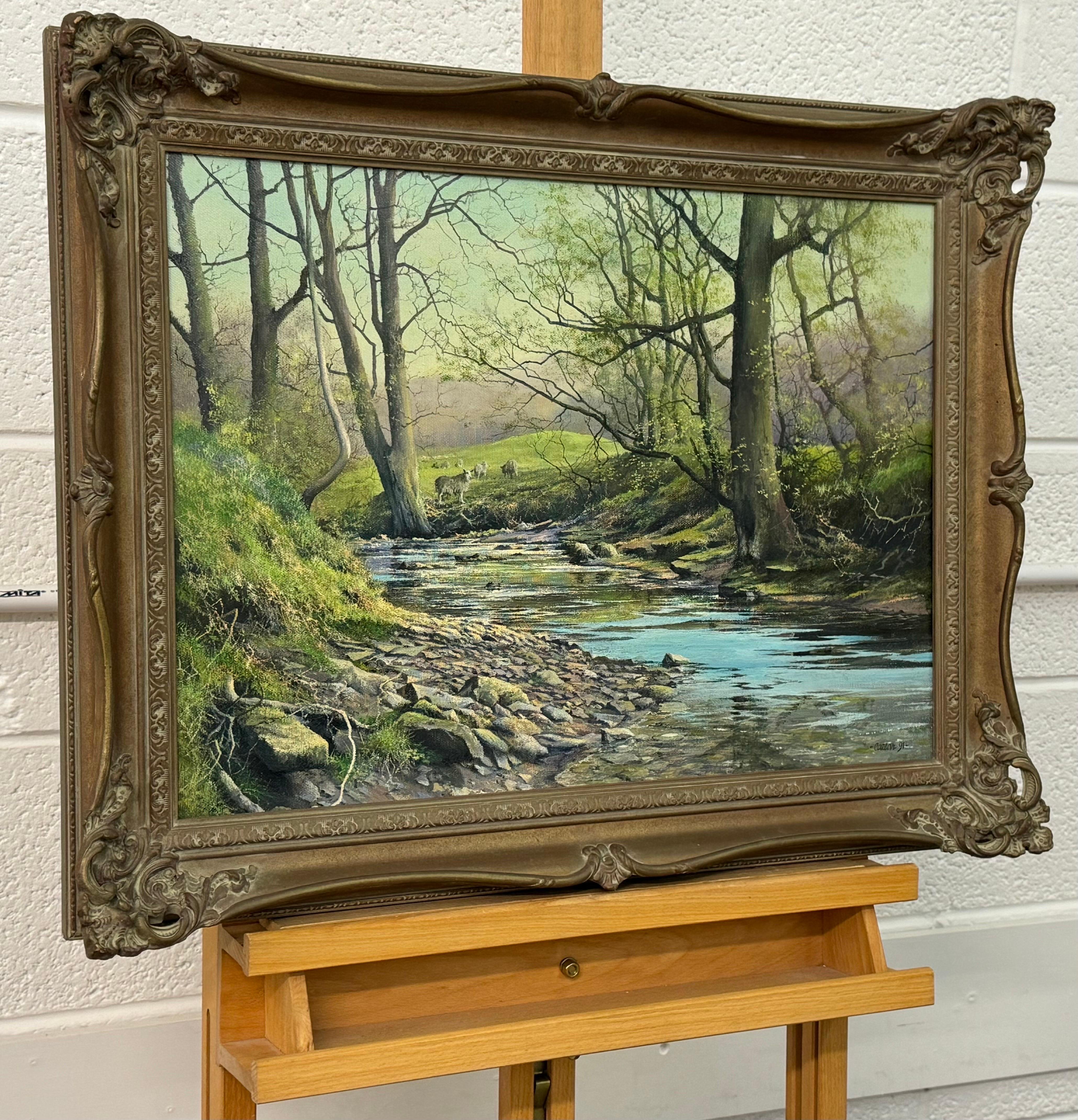 Pintura al óleo de una carrera de truchas en un río arbolado de la campiña inglesa - Painting de John Caesar Smith