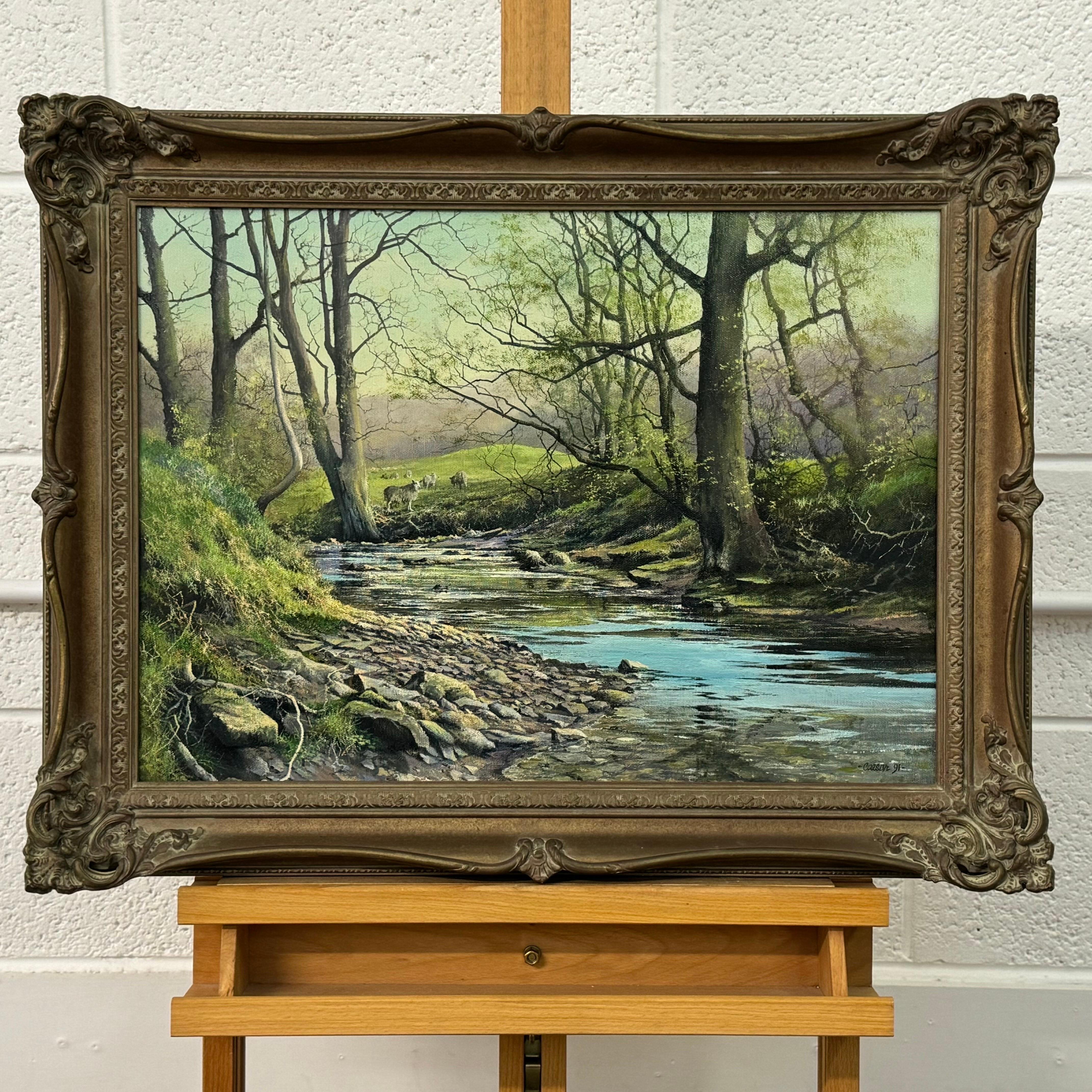 Pintura al óleo de una carrera de truchas en un río arbolado de la campiña inglesa - Painting Realista de John Caesar Smith