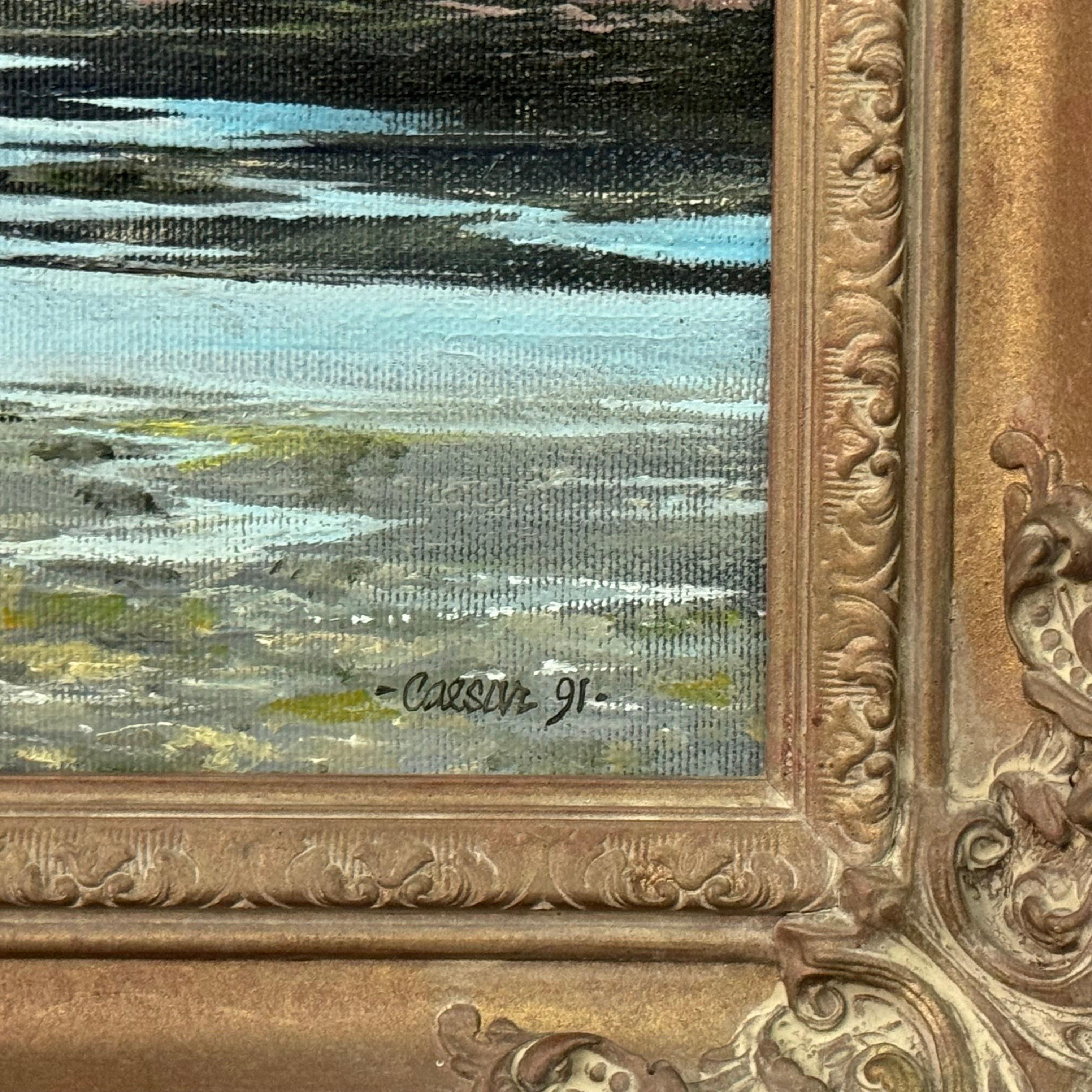 Pintura al óleo de una carrera de truchas en un río arbolado de la campiña inglesa en venta 3