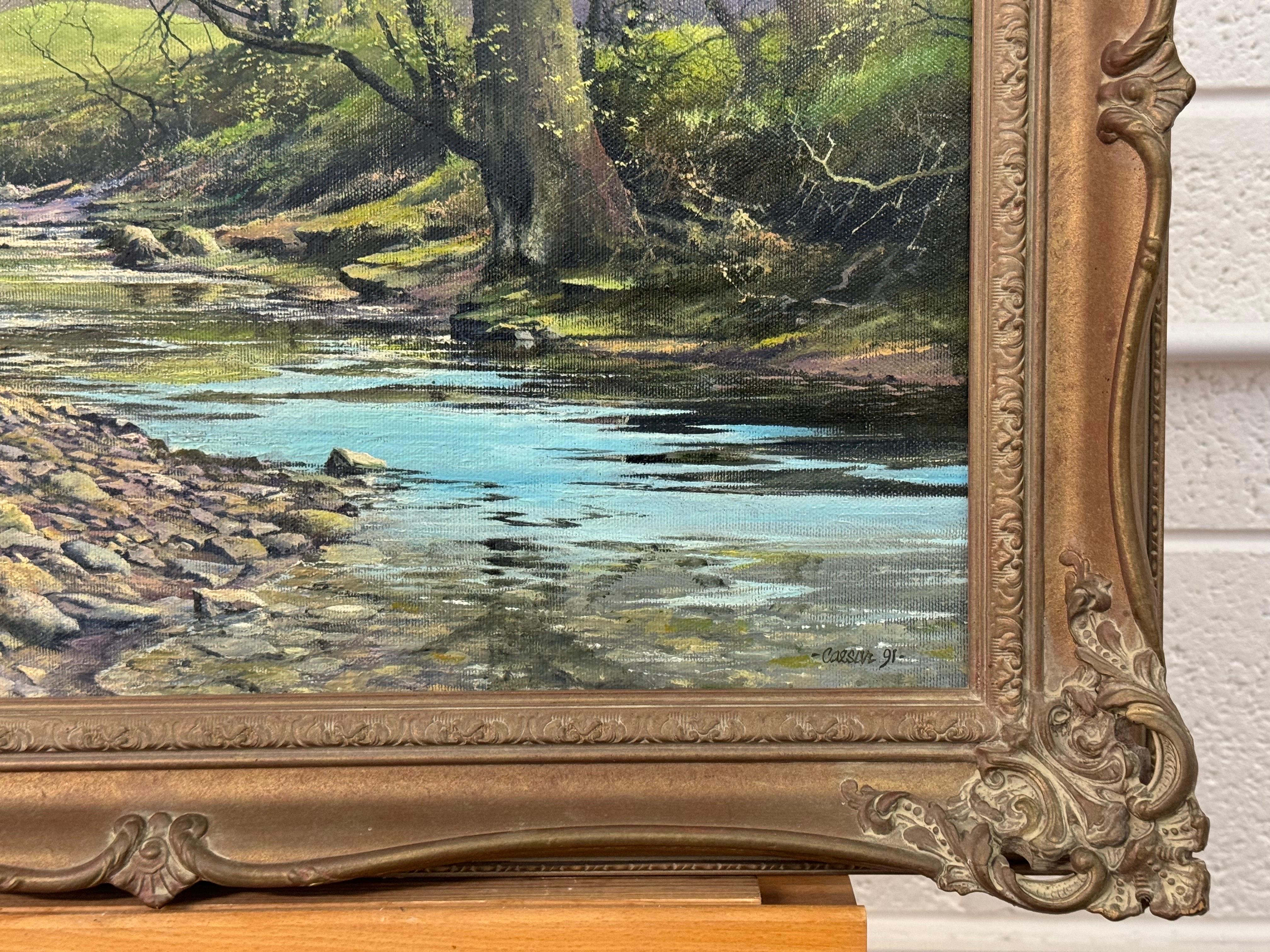 Pintura al óleo de una carrera de truchas en un río arbolado de la campiña inglesa en venta 4