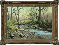 Peinture à l'huile d'une truite courant dans une rivière boisée de la campagne anglaise