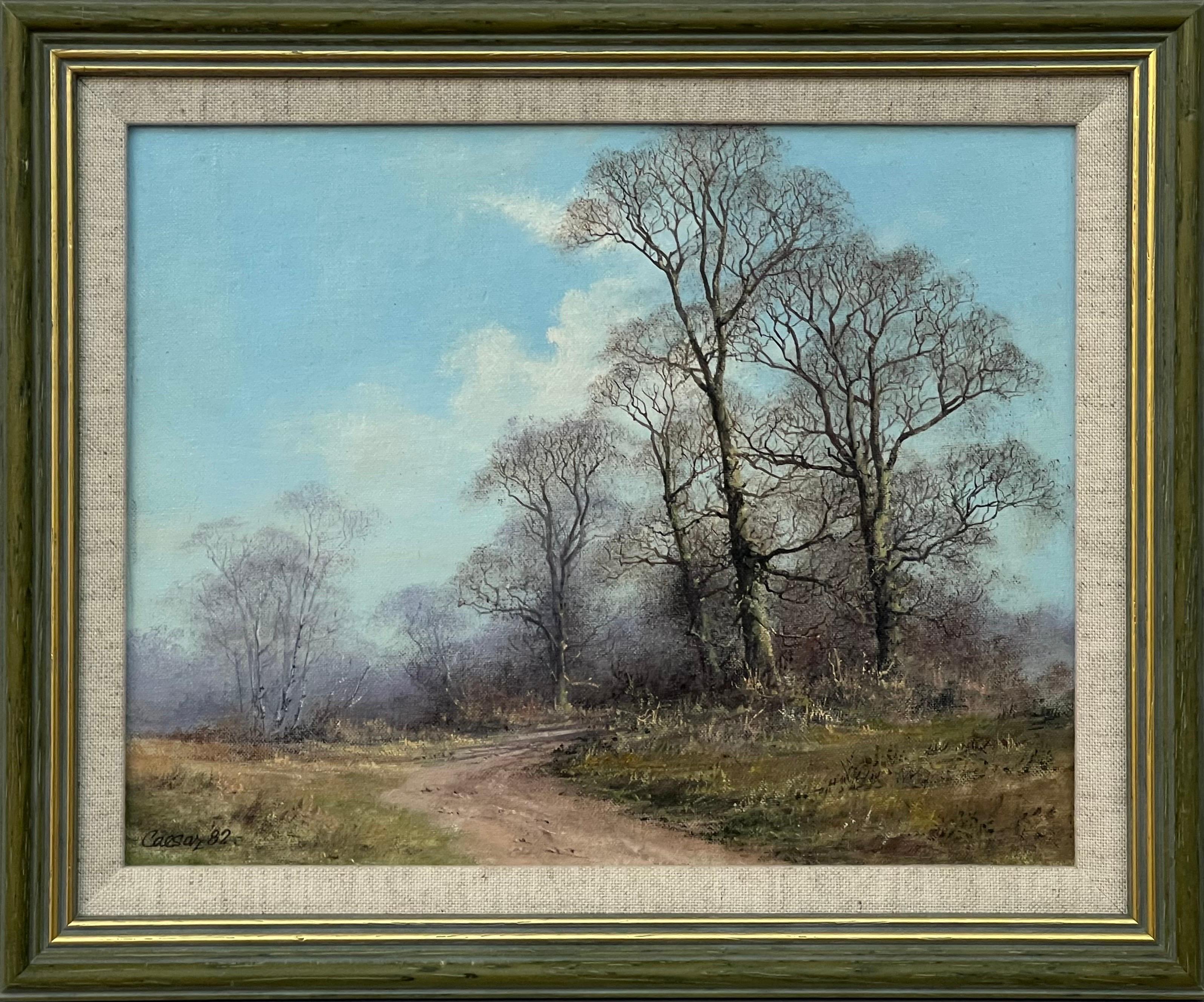 Peinture à l'huile d'une scène de bois naturelle anglaise par un artiste britannique du 20e siècle